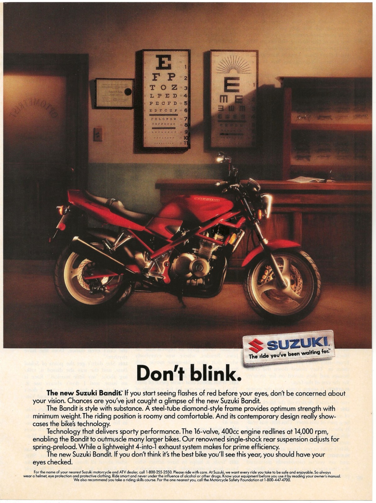 Vintage Print Ad Suzuki Bandit Motorcycle - Don't Blink - Eye Exam - Jul 1991
