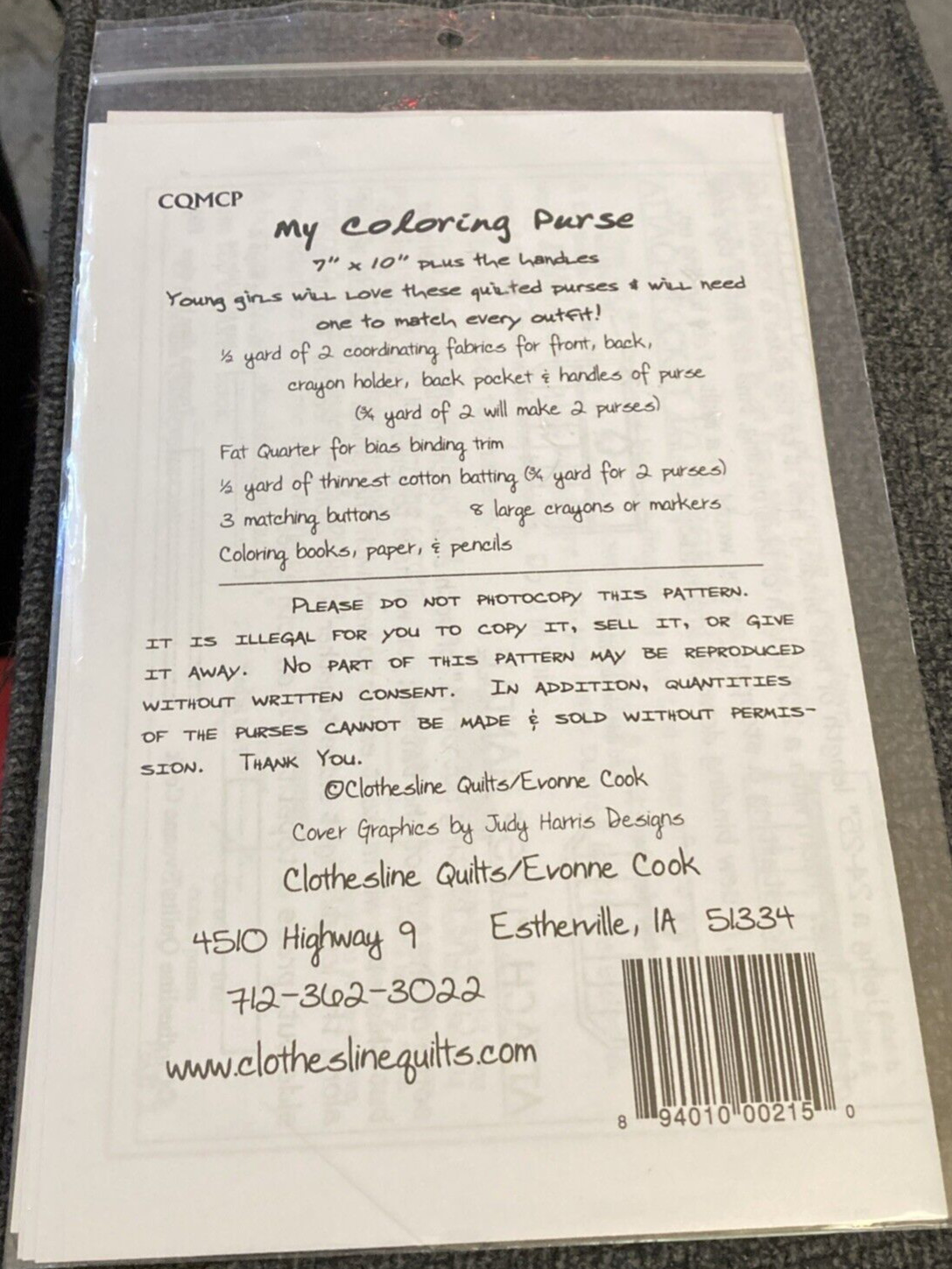 Rare Clothesline Quilts MY COLORING PURSE Sewing pattern only