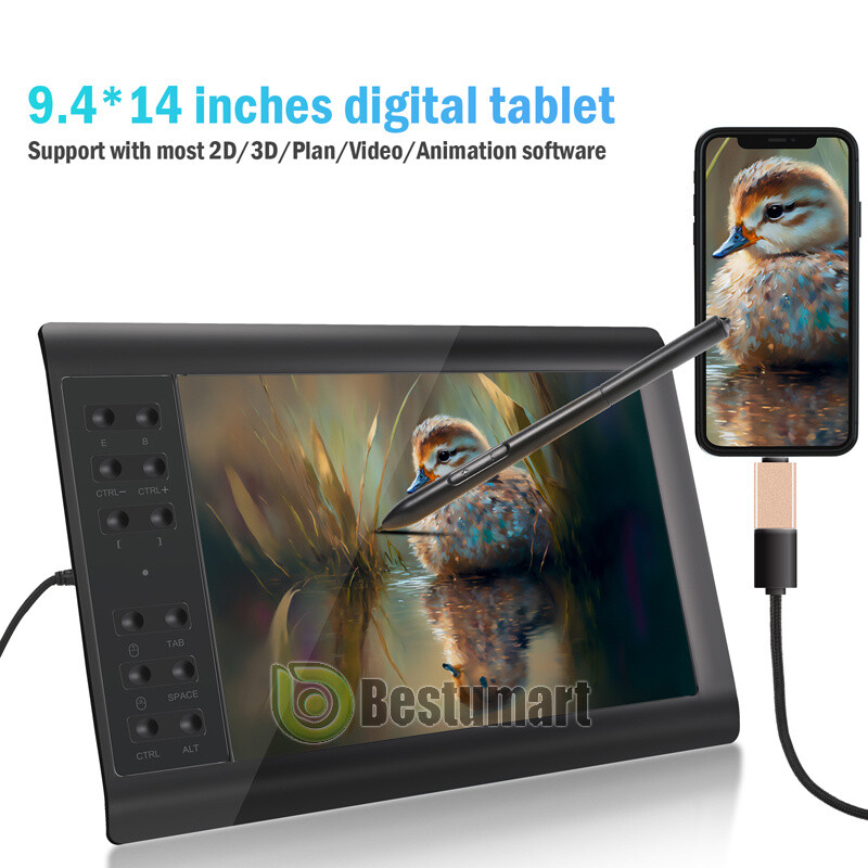 Pressure Sensing Graphic Tablet Drawing Pad W/Battery-free Pen for Tablet/ Phone