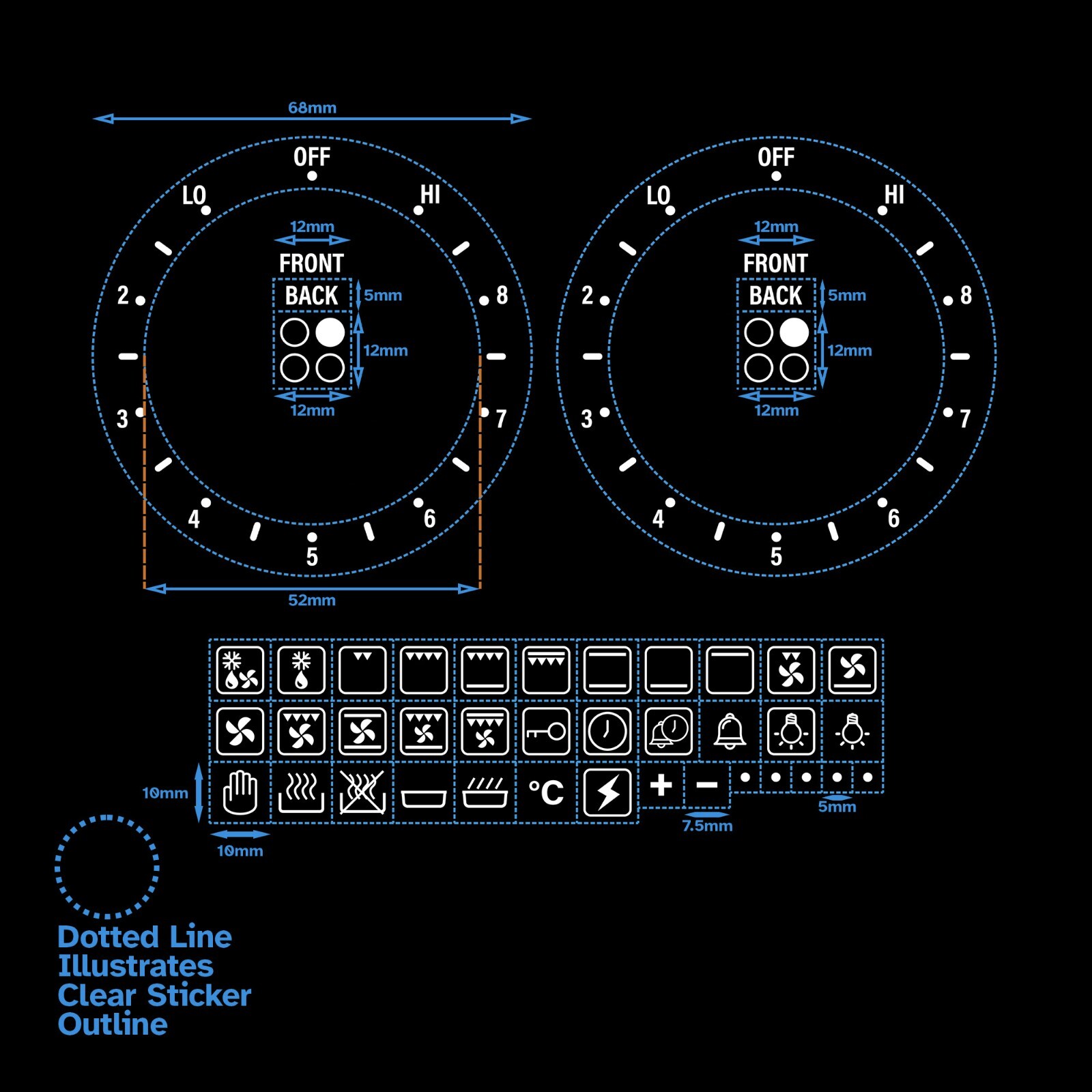 White Text Combo 64pcs 2 Dials Hi Lo Adhesive Hob Stove Dial Knob Sticker Label