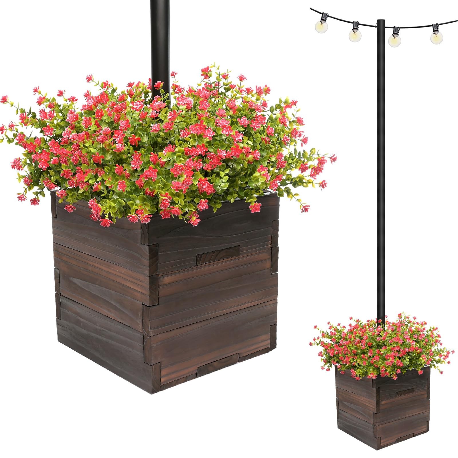 Large Decorative Wooden Planter w/ Universal Pole Support for String Light Po...