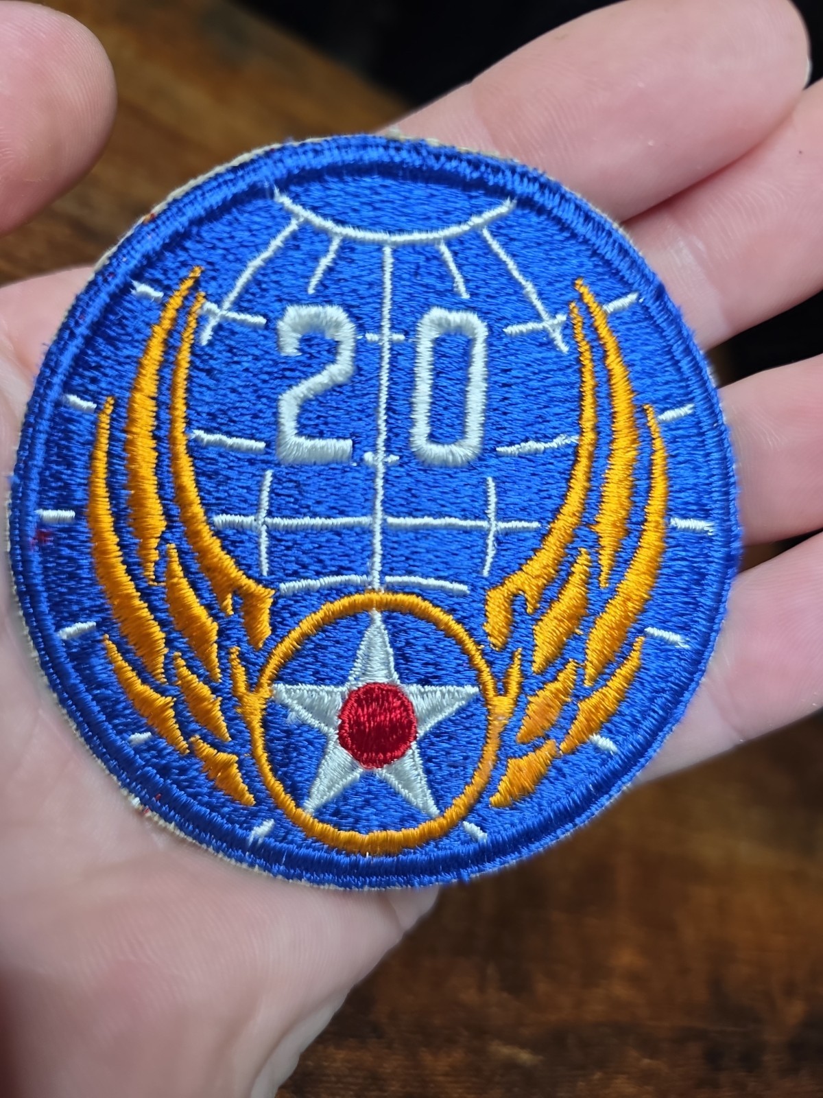 WWII US 20th Air Force insignia embroidered patch 3" across