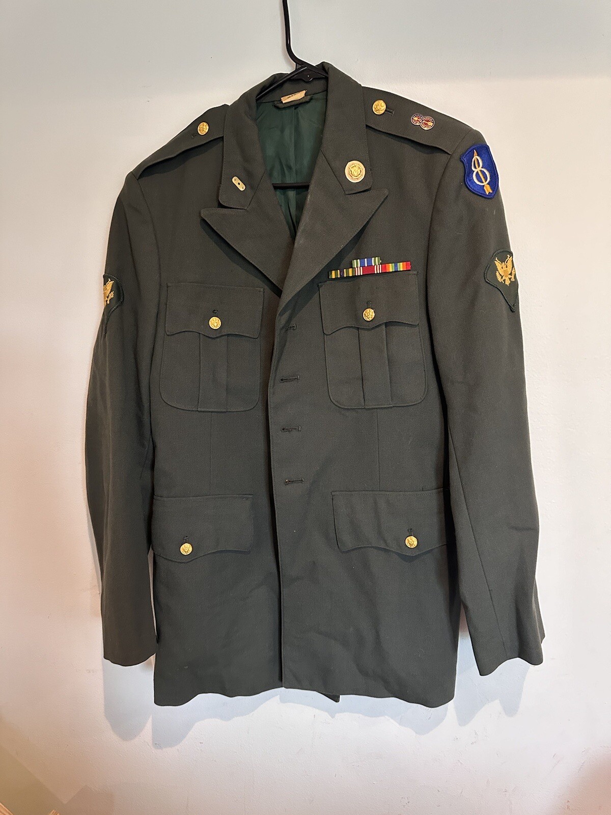 US Army Mens 39L Long Army Dress Coat Private 8405 286 5158 Patches Pins