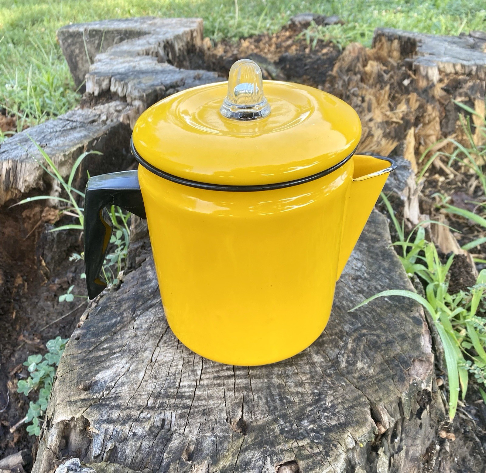 RARE Vintage YELLOW! ENAMELWARE Percolator Camp Coffee Tea Pot w Glass Top
