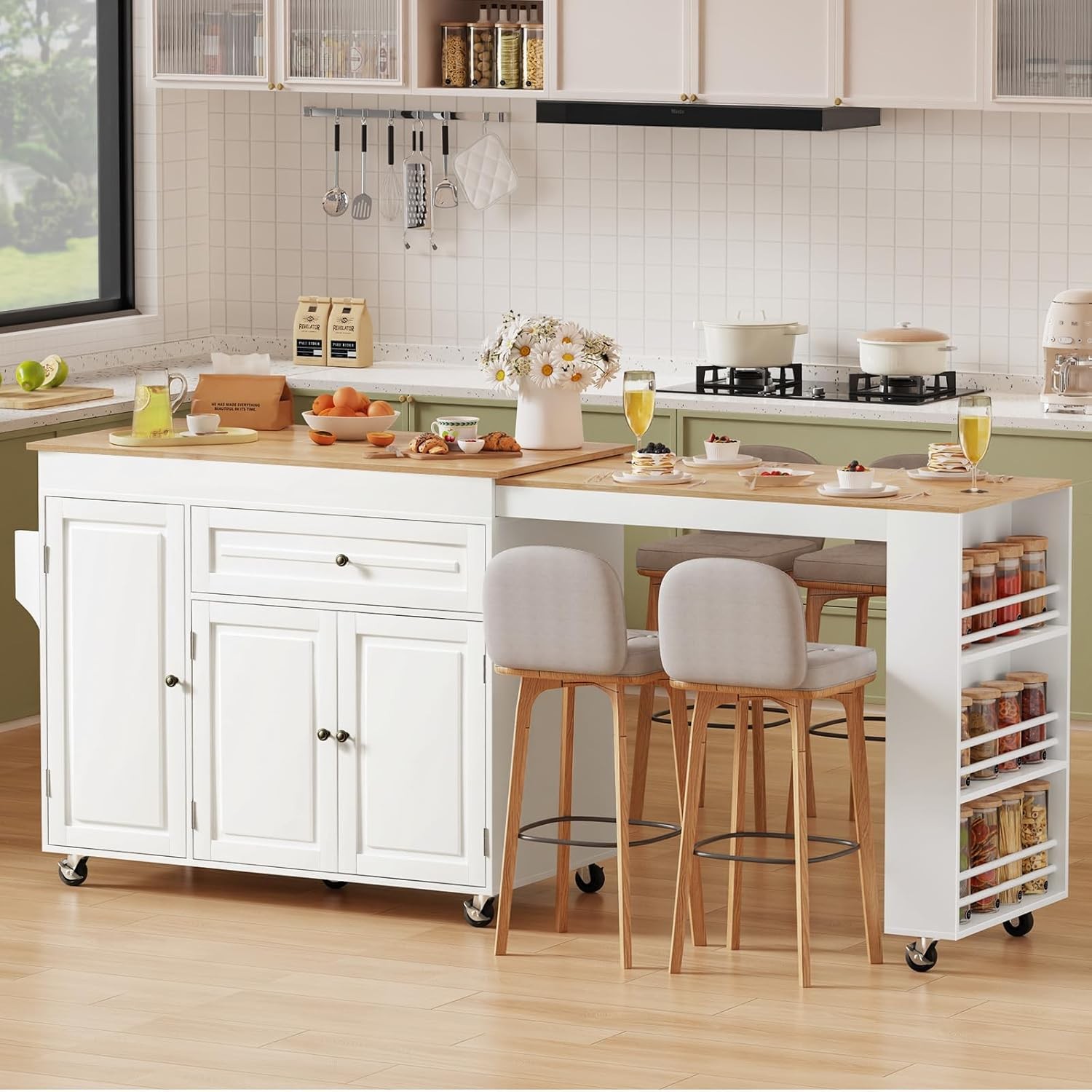 81.7" Kitchen Island with Extendable Dining Table - Mobile Cart, Black