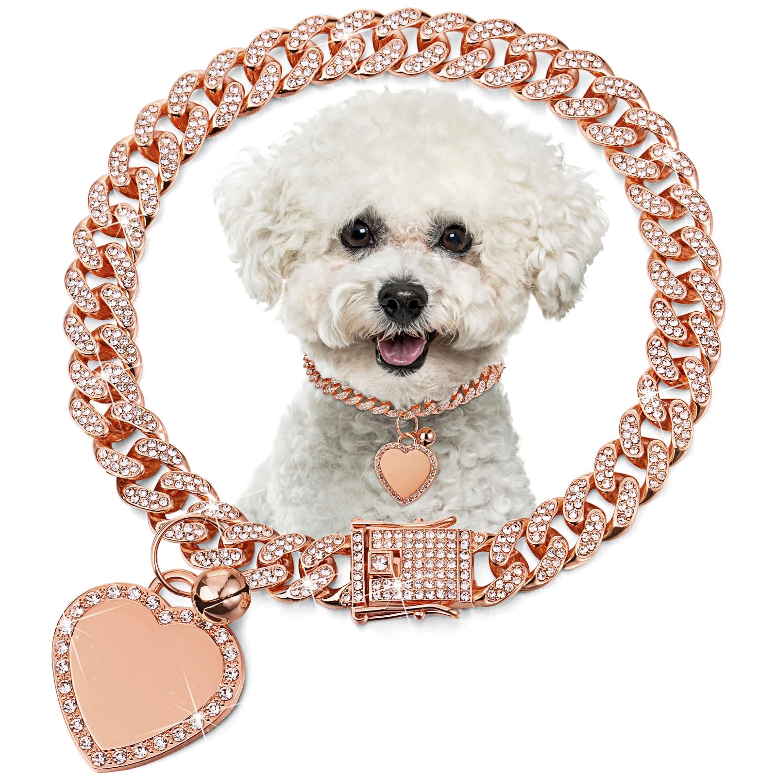 Hillban Dog Chain Gold-Plated Diamond Collar with Heart 14 Inch, Rose Gold