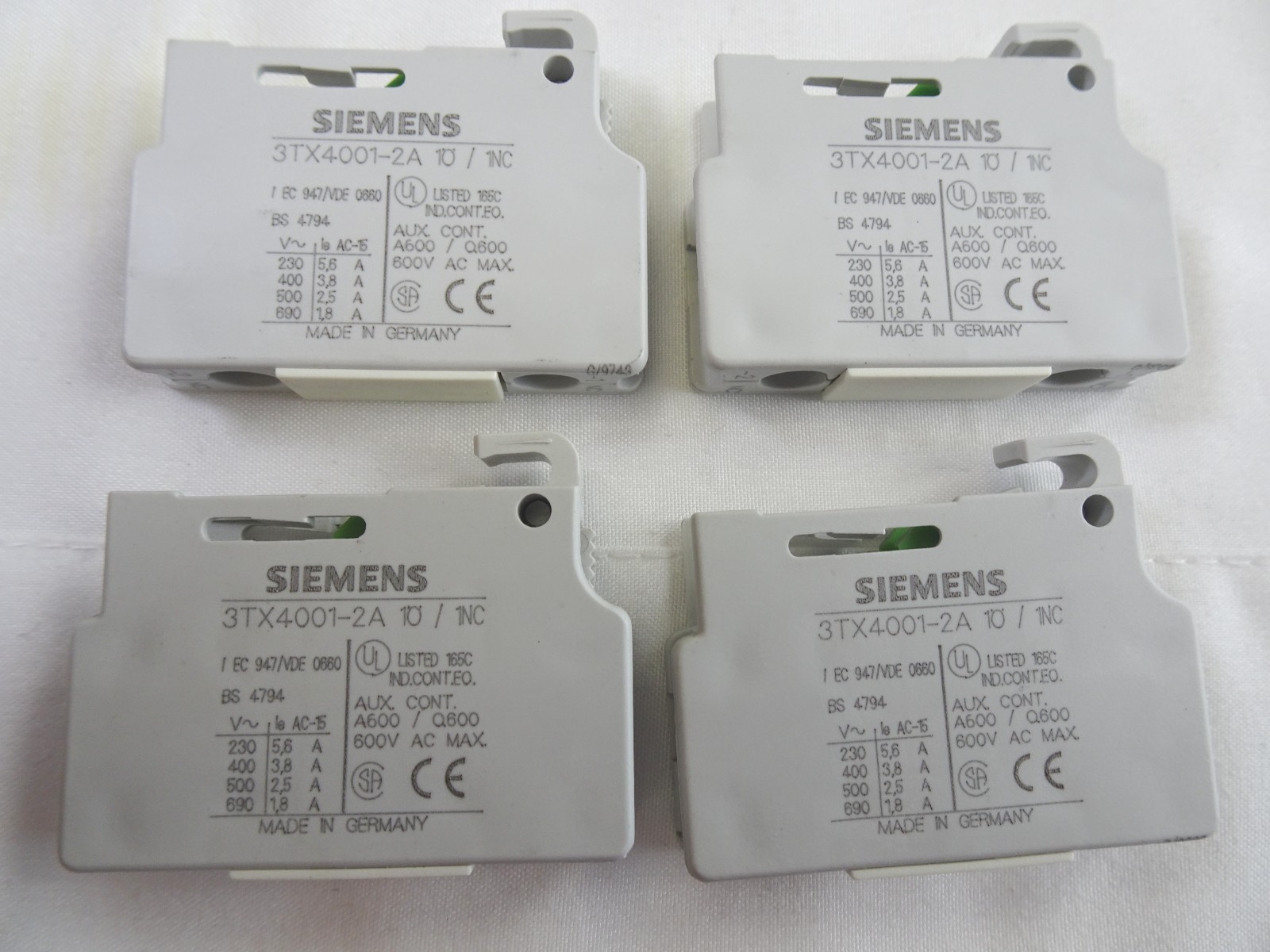 *NOS* (LOT OF 4) SIEMENS 3TX4001-2A AUXILIARY CONTACT BLOCKS, 1 N/C (410)