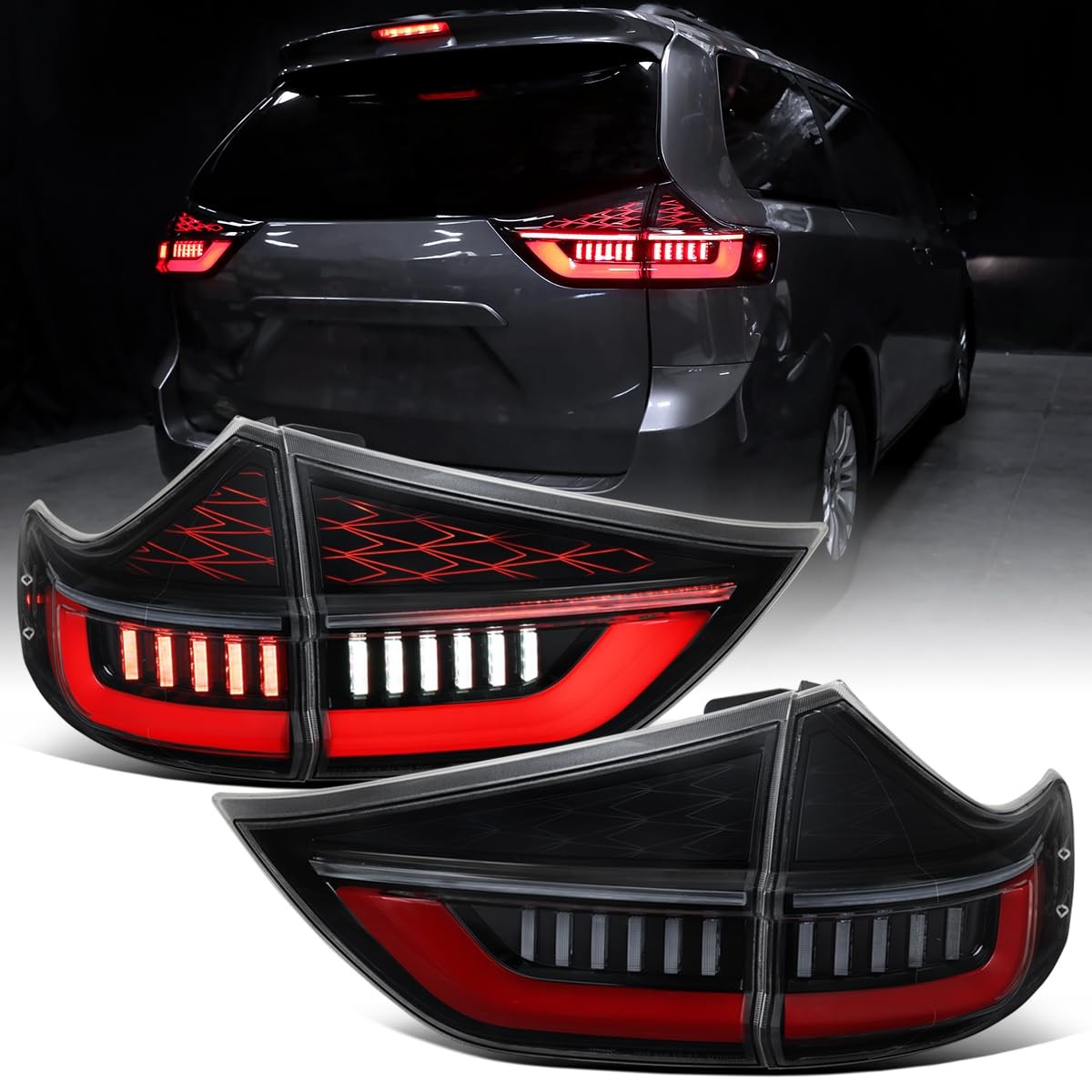2015-2020 Toyota Sienna LED Tail Lights Sequential Turn Startup Gloss Black Pair