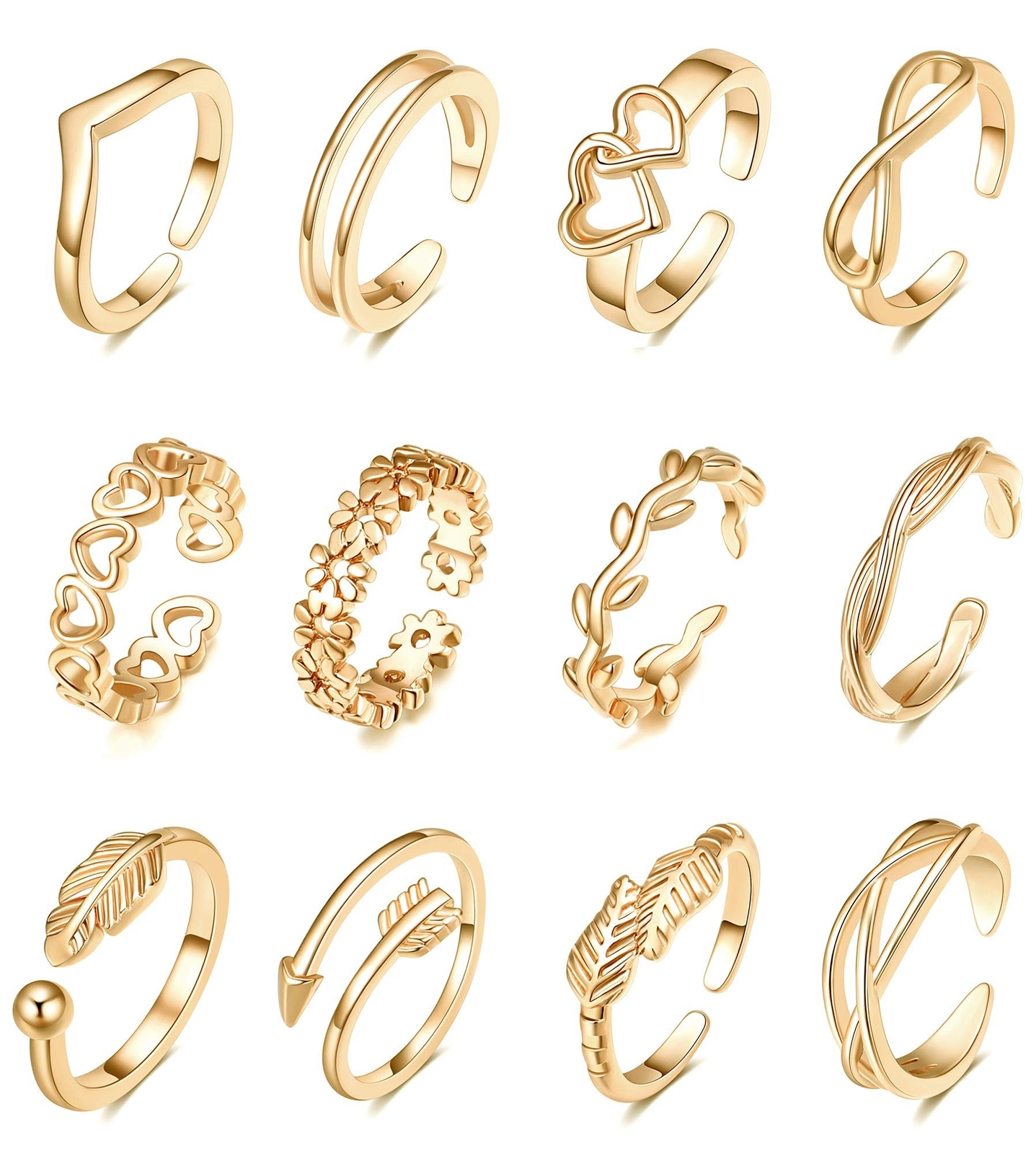 TOBENY 12PCS 14K Gold Plated Adjustable Toe Rings for Women Flower Arrow Band...