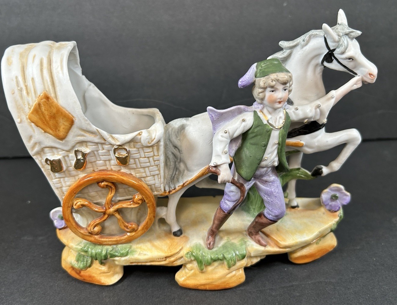 Vintage Porcelain German Planter, Boy w/ Horse Pulling Cart