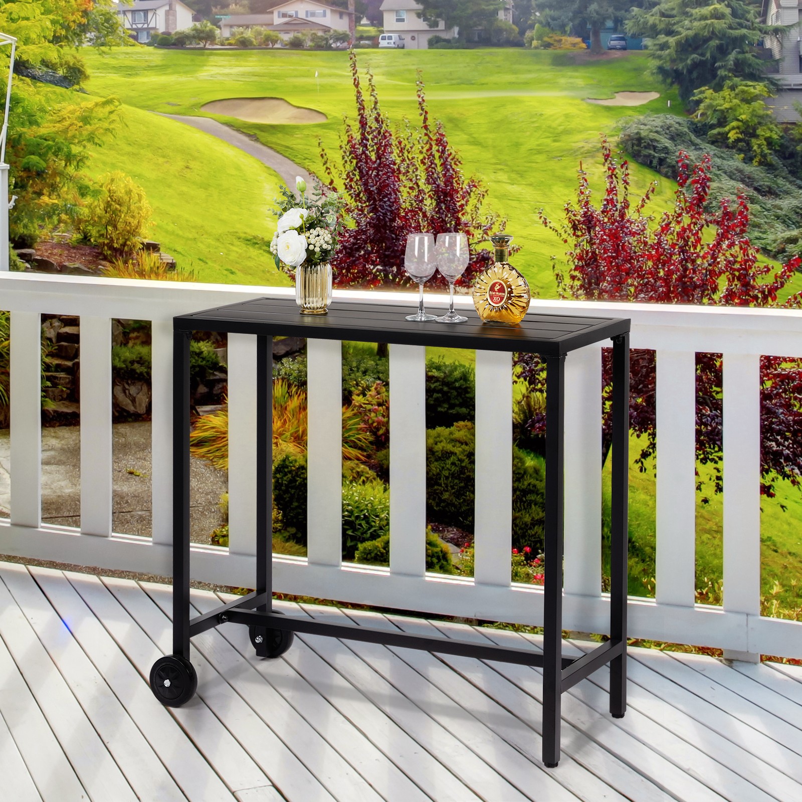 40" Outdoor Bar Patio Table with Wheels, Rectangle Narrow Counter Height Table