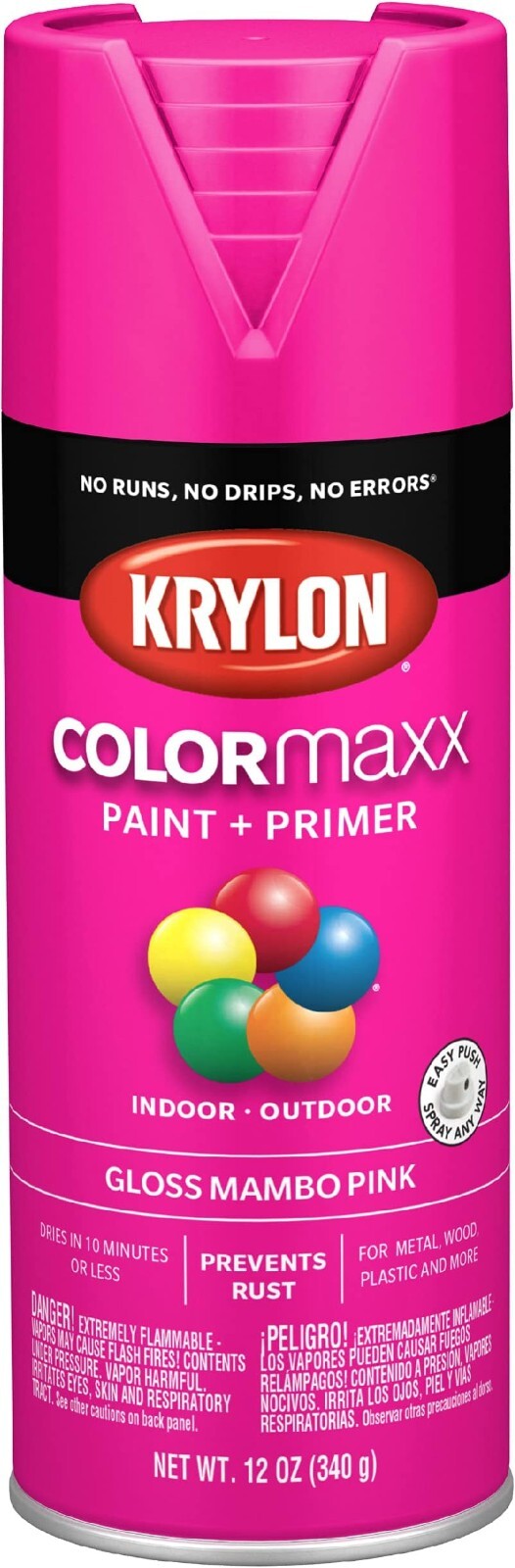 Krylon COLORmaxx Spray Paint & Primer Indoor/Outdoor Use– Gloss Mambo Pink, 12oz