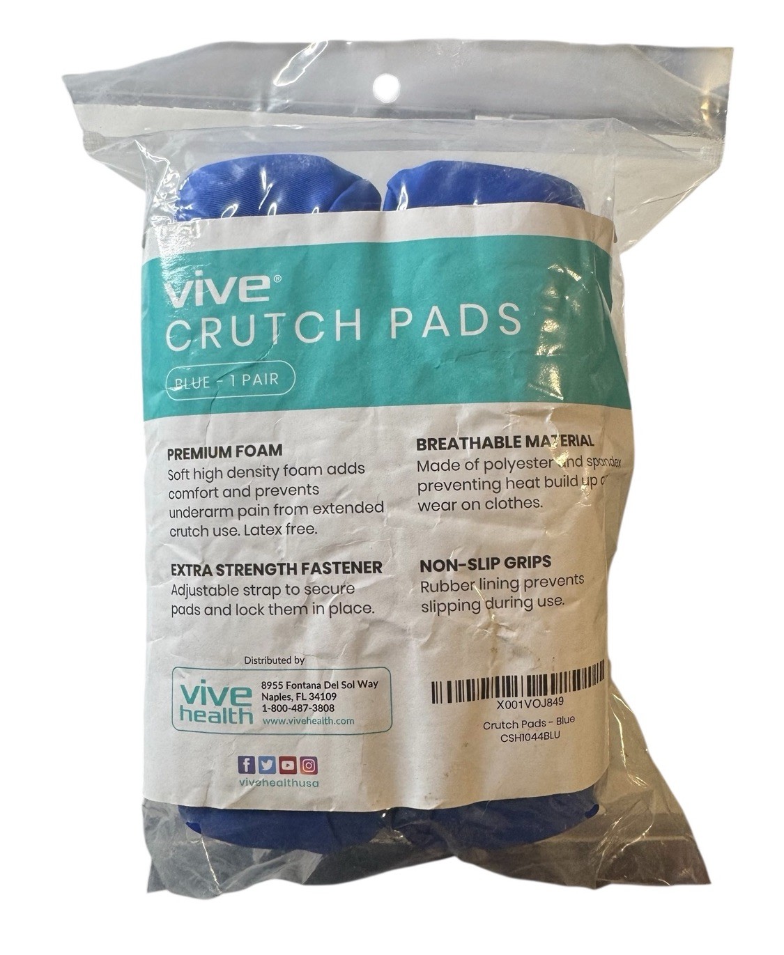 Vive Crutch Pads New Blue Foam No-Slip Grips Extra Strength Fasteners