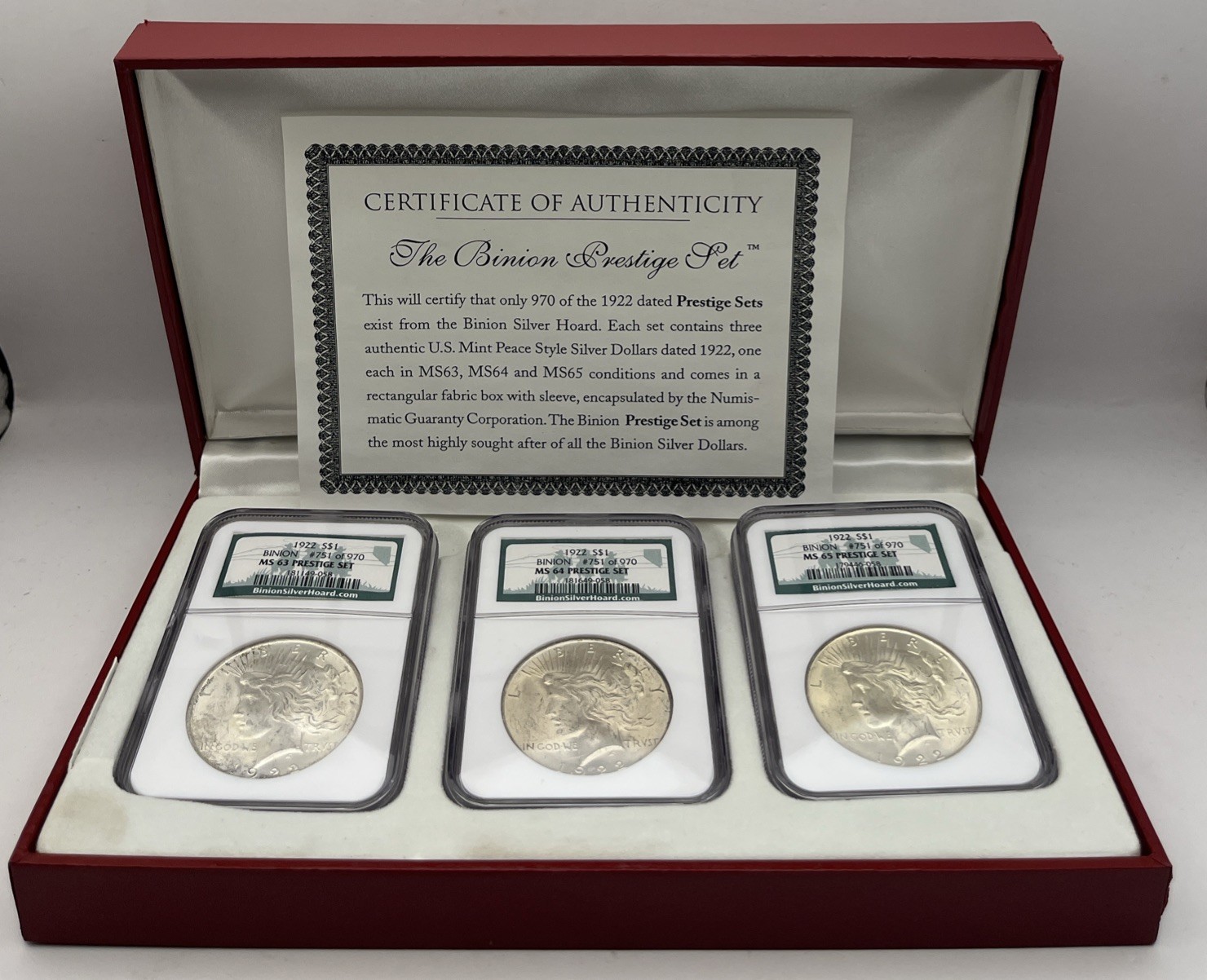 1922 Peace Dollars Binion Prestige Set MS 63 MS 64 MS 65