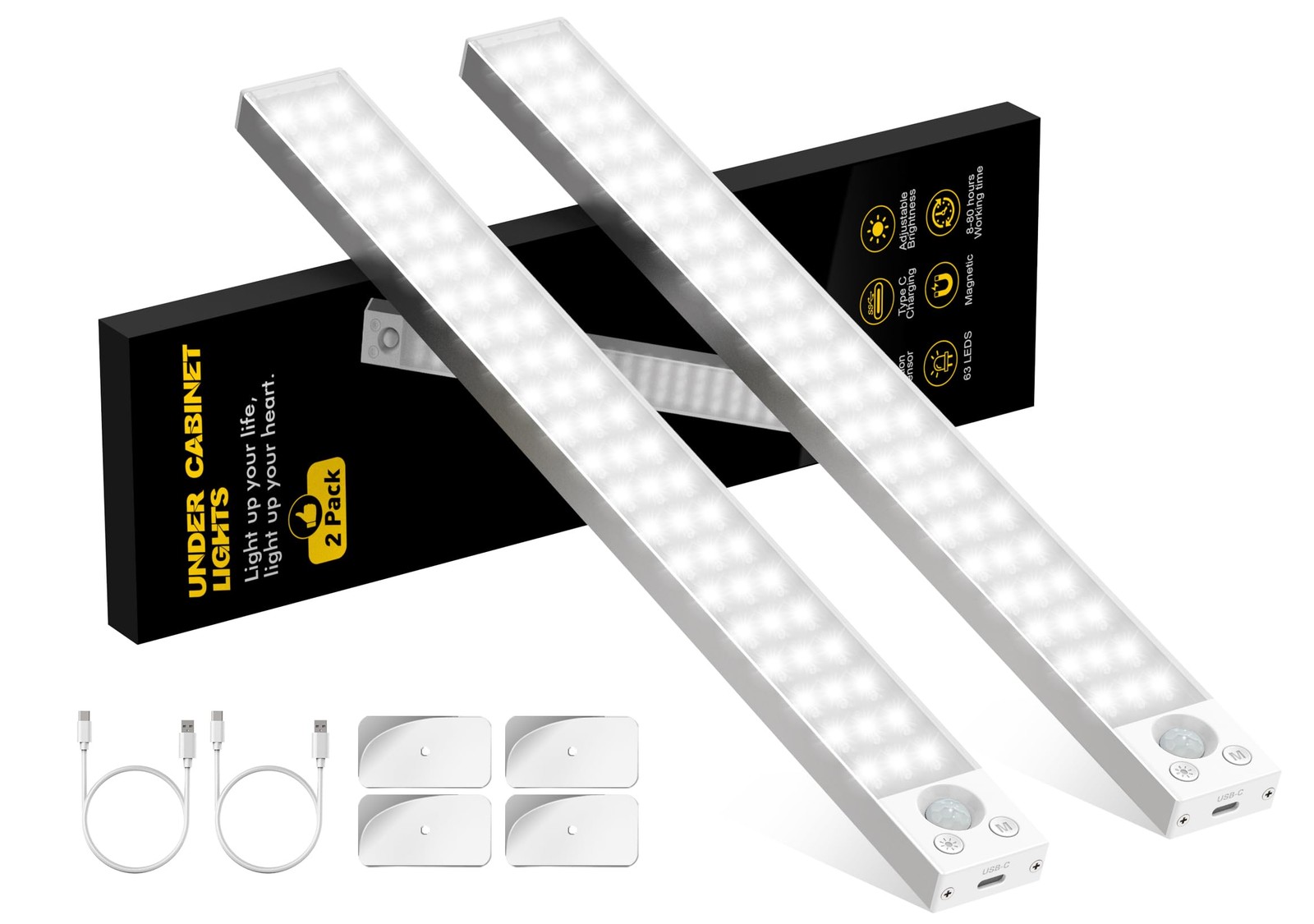 Under Cabinet Lights 14.5 Inch,Under Cabinet Lighting 63LEDS 2500mAh,Motion S...