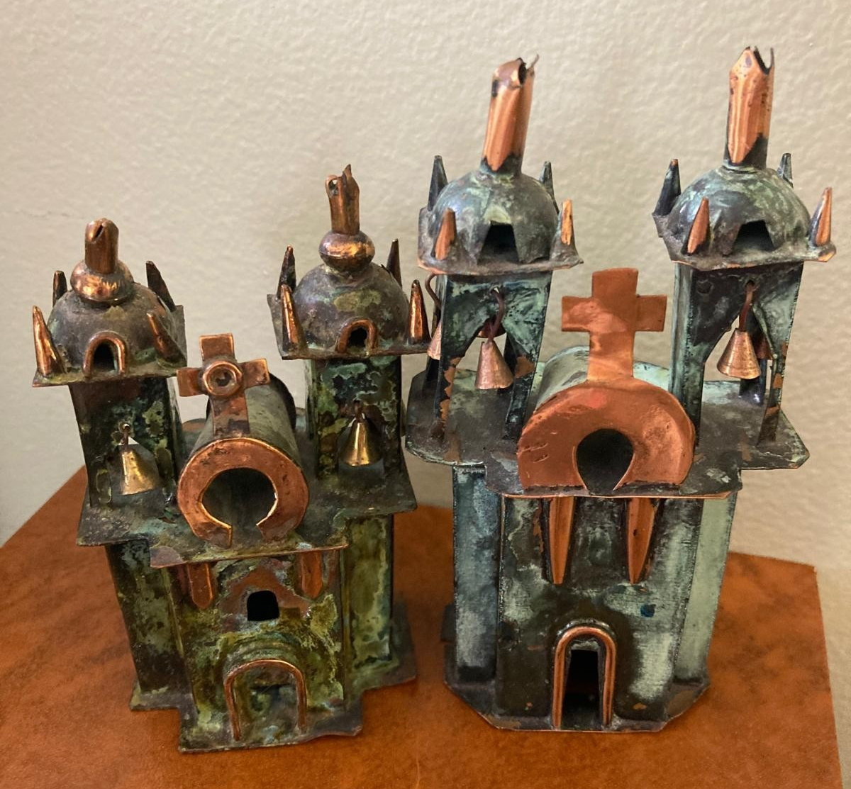 Lot of 2 Vintage  Bronze Copper Metal Church with Bells  - Peru -