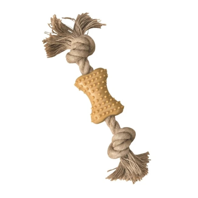 Ethical Products Natural Rubber Bone With Rope Dog Toy 7"
