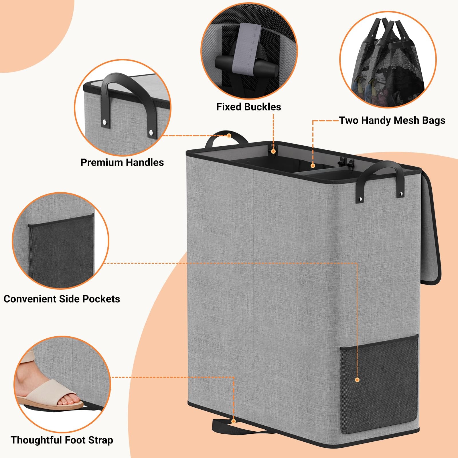 SmartTrends Large Double Laundry Hamper with Lid, Removable Bags & 136L, Gray