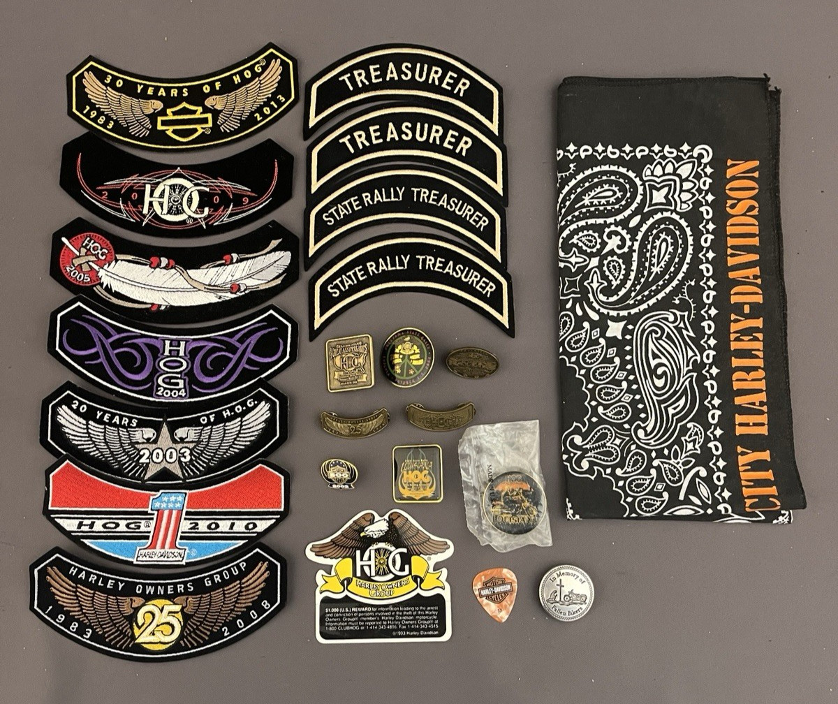 23 pc Lot Harley Davidson Owners Group MC Patches Pins Bandana Guitar Pick