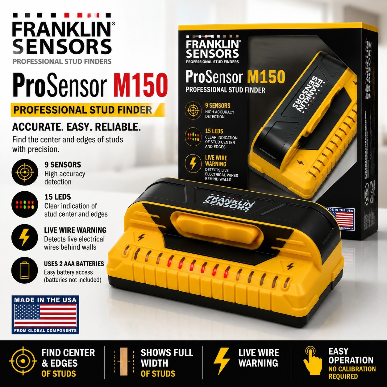 Franklin Sensors ProSensor M150 Stud Finder 9 Sensors Live Wire Detection New