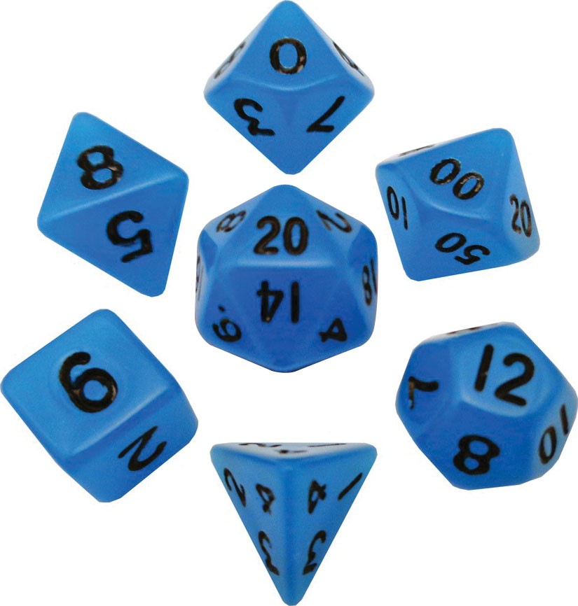 MET4302  Mini Polyhedral Dice Set: Glow Blue with Black Numbers