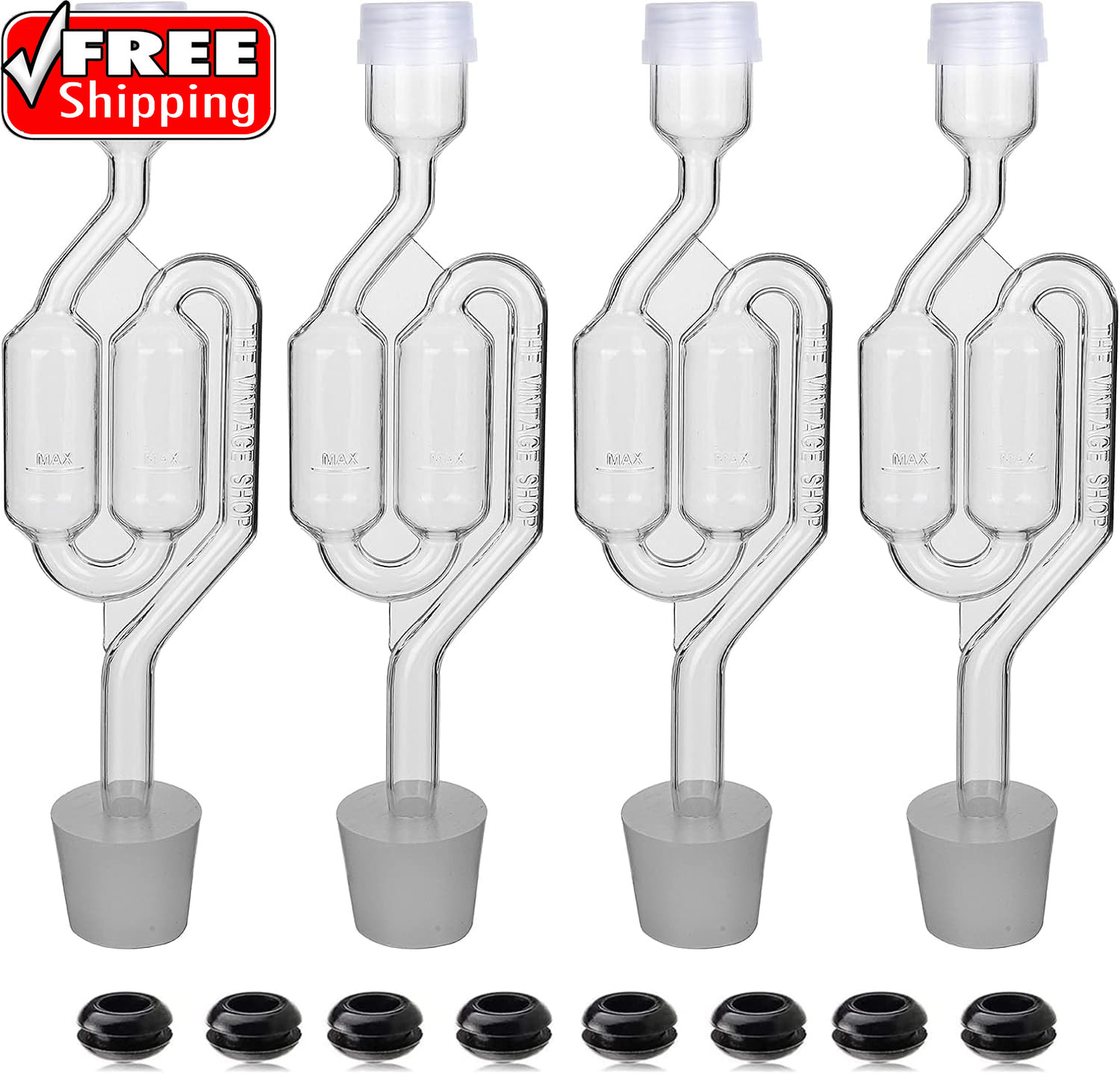 Bubble Airlock Set, 4 Airlocks for Fermenting, 4 Drilling #6 Stoppers and 8 Airl