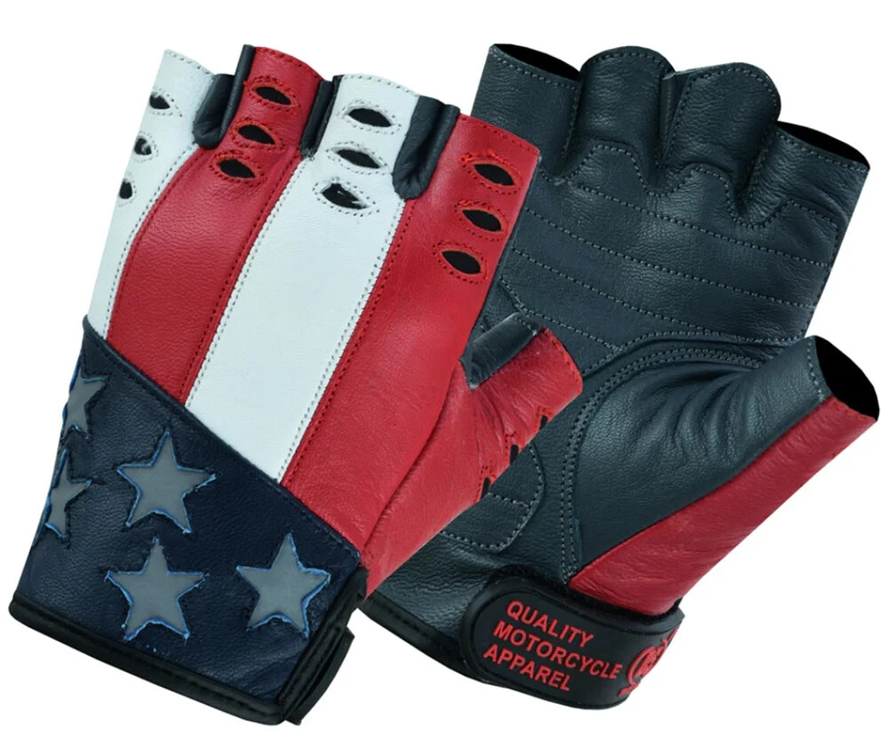 Men's Leather Motorcycle Fingerless Glove American Flag & Reflective Star Design