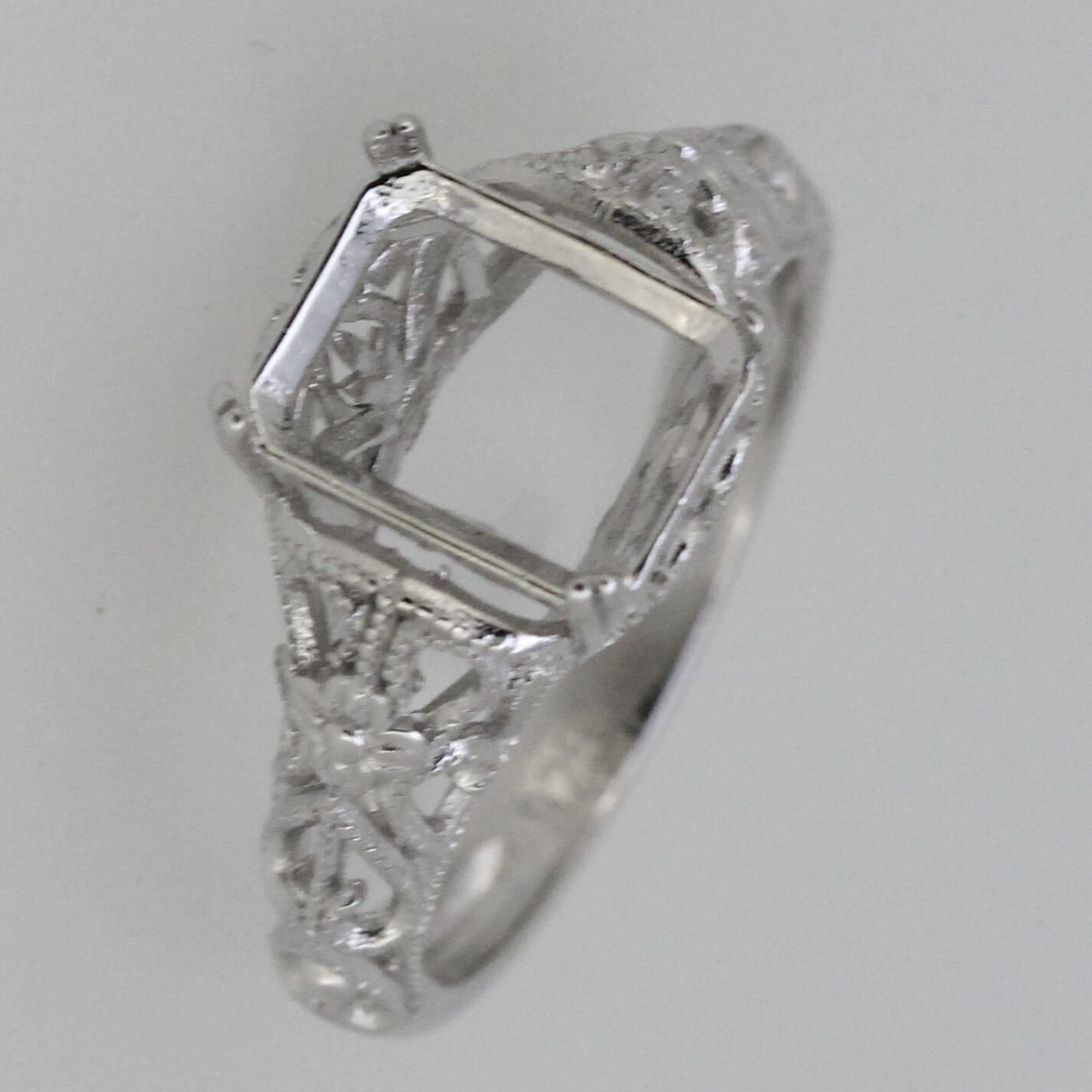 Filigree Sterling Silver Semi Mount Ring Setting Emerald OCT 9x7mm