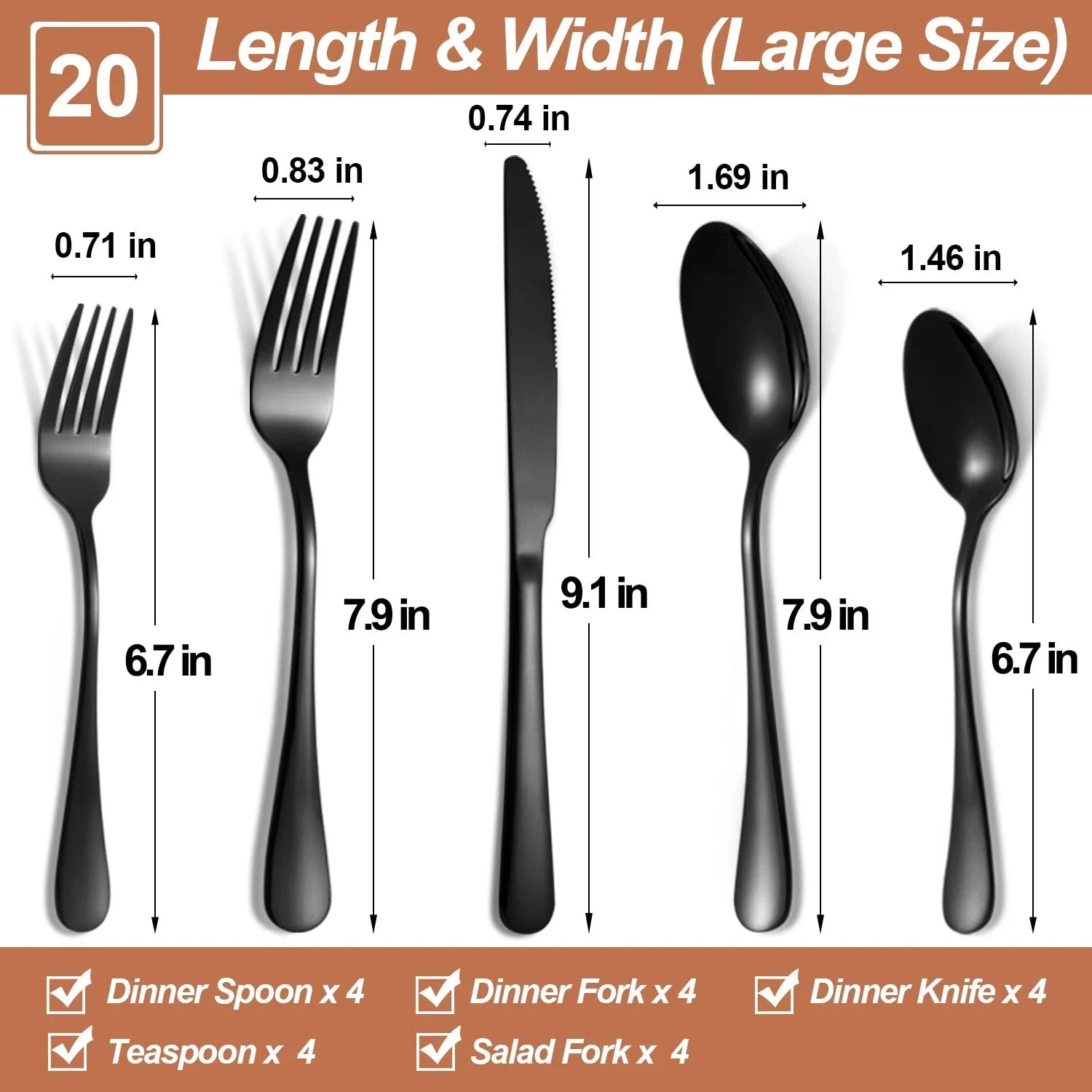 20 Pcs Black Silverware Set for 4, Mirror Polished Flatware Set Stainless Ste...