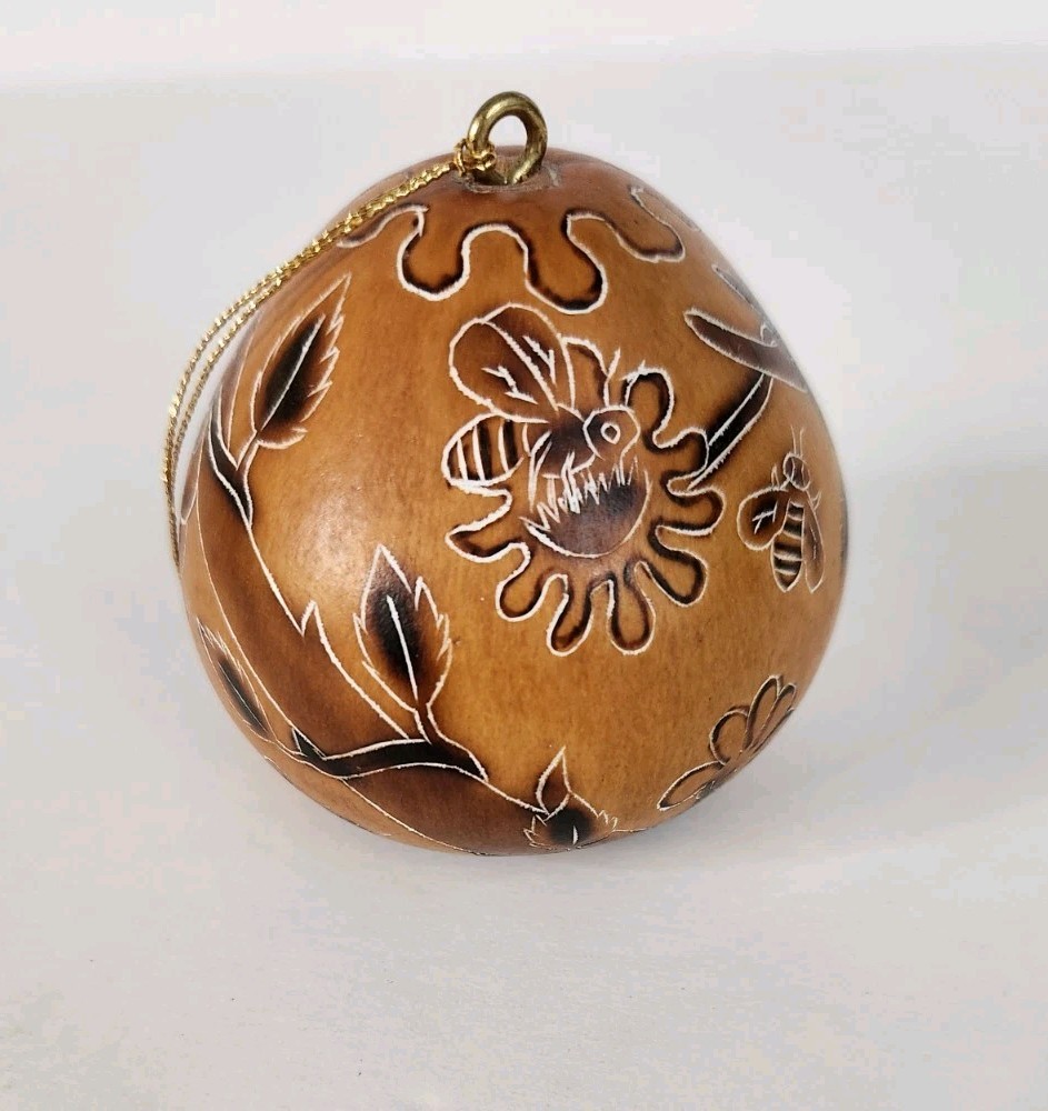 Peruvian Gourd Ornament, Lucuma, Hand Painted, Bees/Beehive, Vines, 2.5" x 2.5”