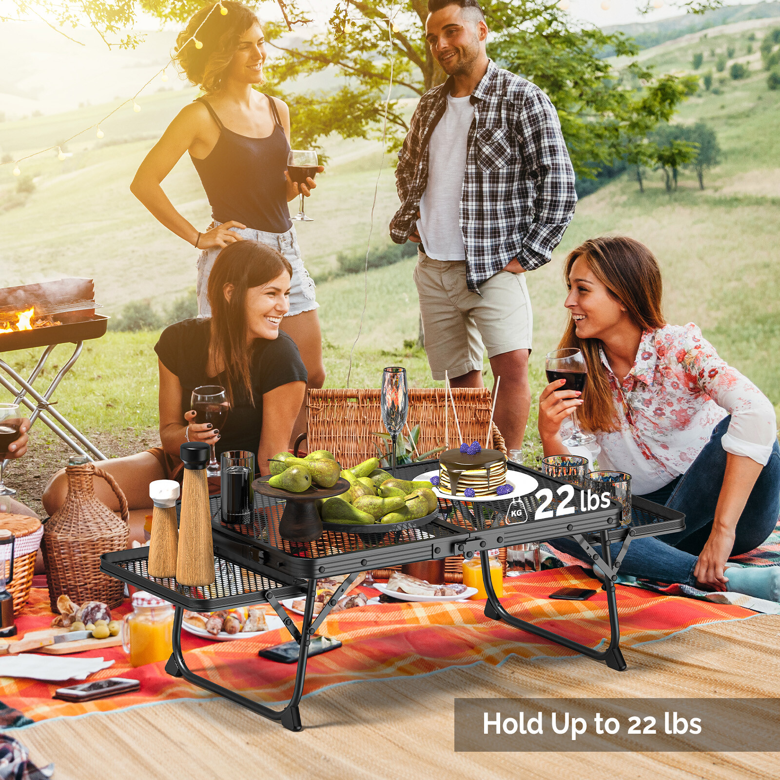 Camping Table Grill Table Folding Tables Mesh Top Portable Grill Table Black