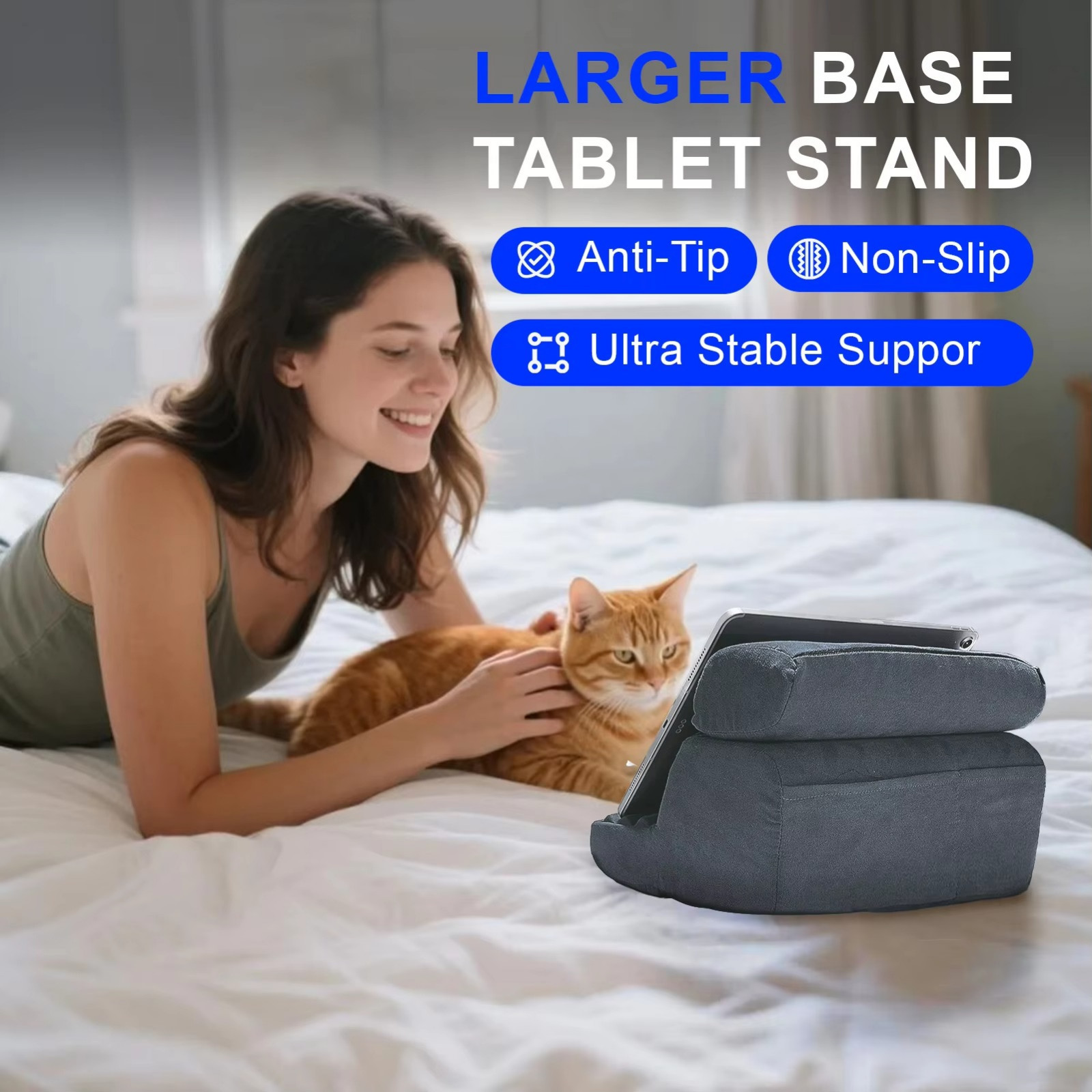 1 pc Tablet Pillow Holder Foldable iPad Stand for Lap Bed Desk with Pocket