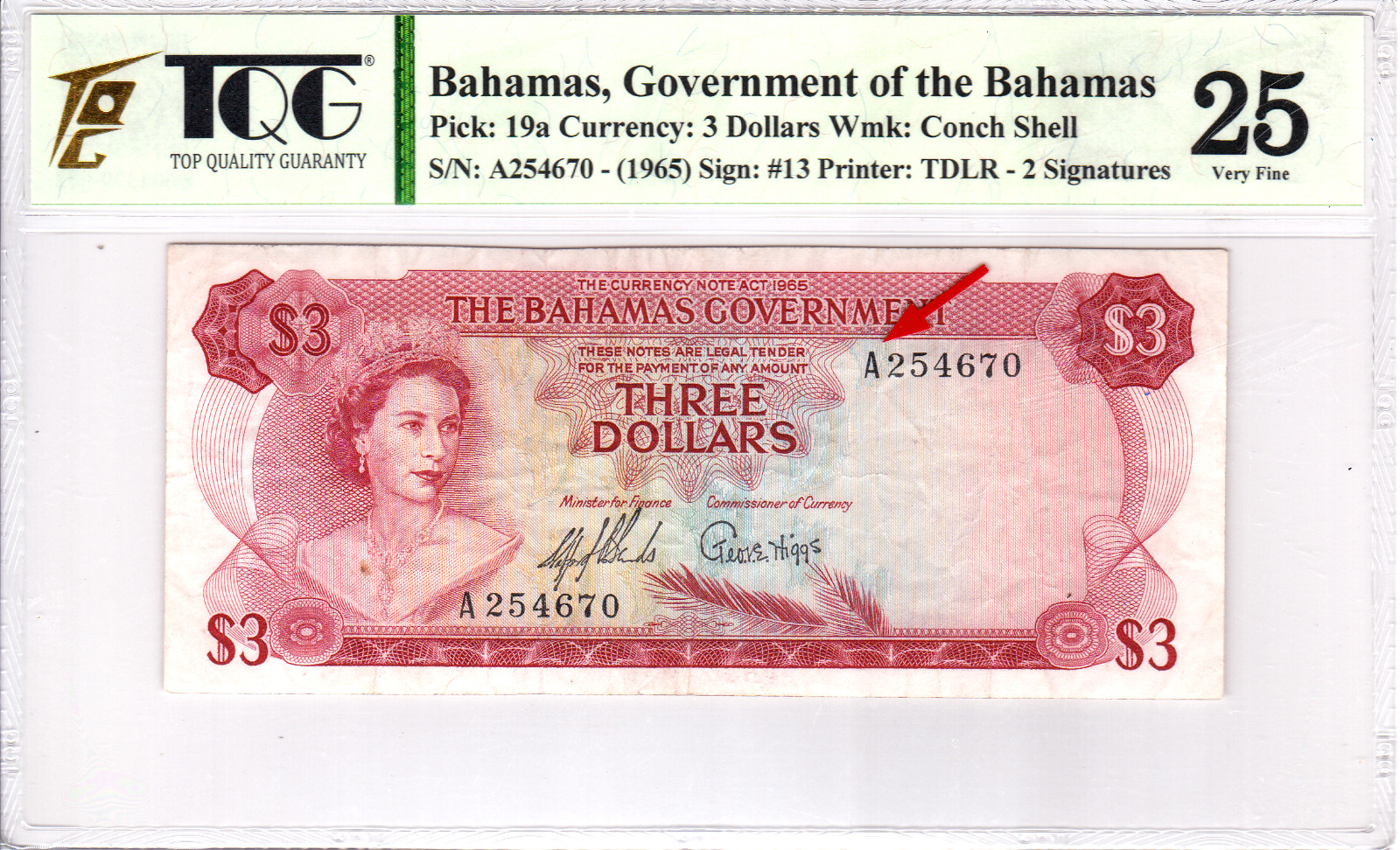 Mazuma *GN888 TQG Bahamas Queen Elizabeth QEII 1965 $3 A254670 1st Prefix VF25