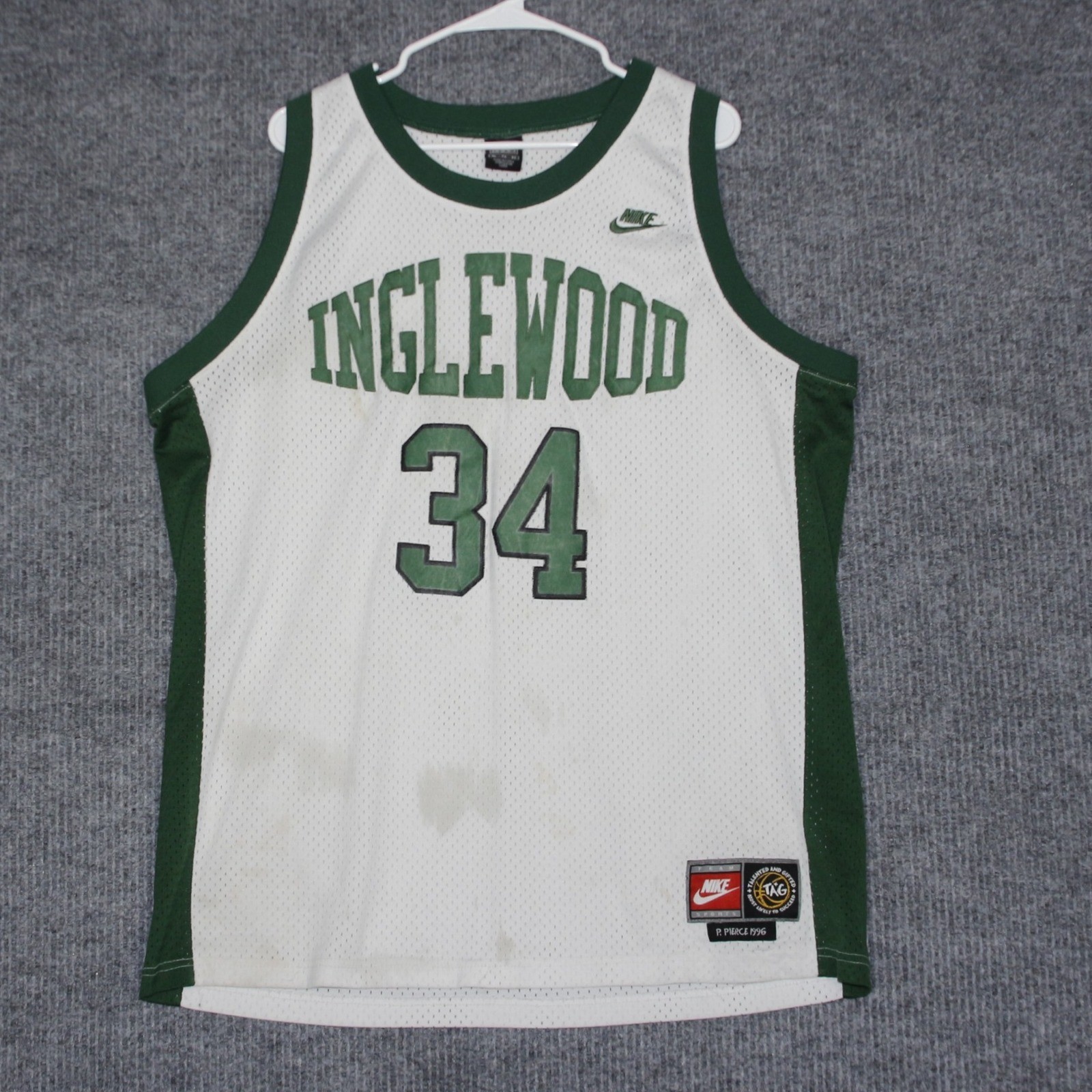 Vintage Nike Mens XL Inglewood Basketball Jersey 34 Pierce 1996 White Green