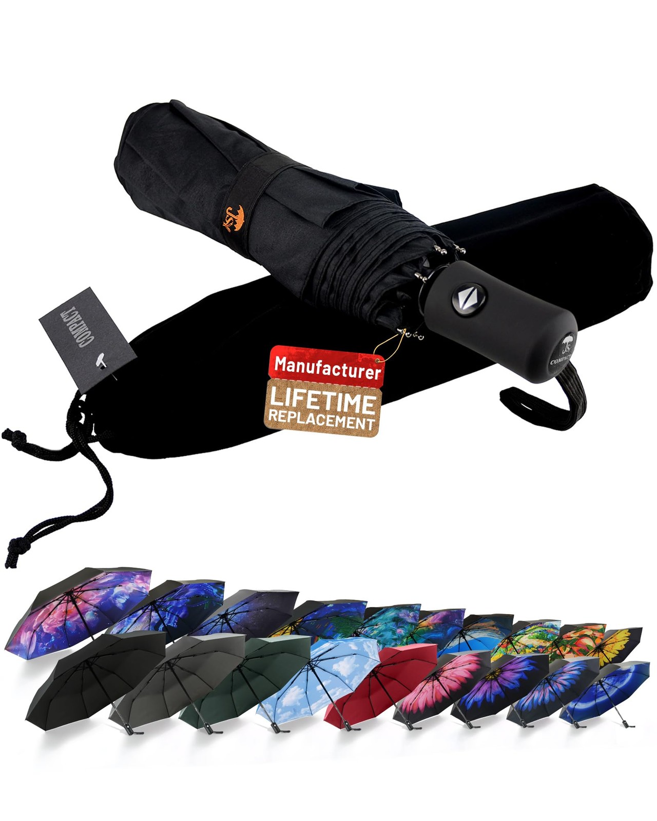 SY COMPACT Travel Umbrella Windproof Automatic Umbrellas 38 inches, Black