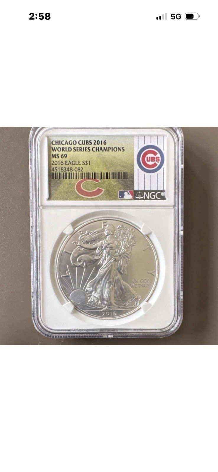 U.S. Mint 2016 Silver Eagle $1 1 oz .999 NGC MS69 Chicago Cubs WS Label