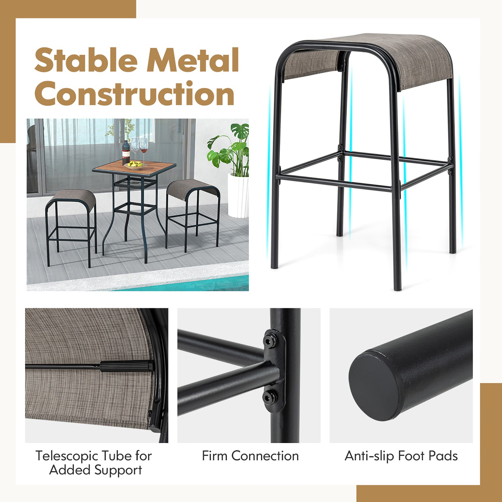 5-Piece Patio Dining Set w/ Umbrella Hole Metal Frame & Breathable Fabric Seat