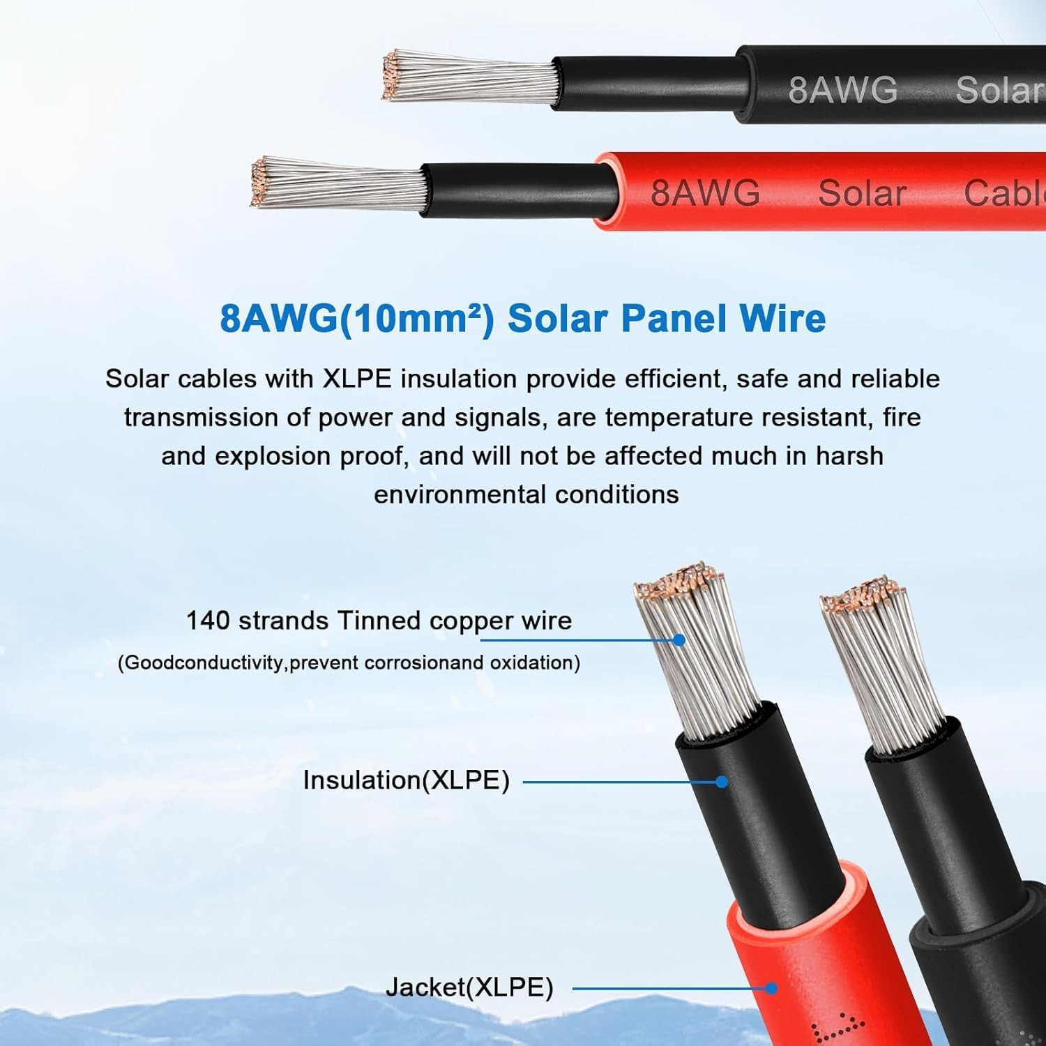 8AWG Solar Panel Wire 10mm², 2 Pack 50FT Red & Black Solar Extension Cable, PV W