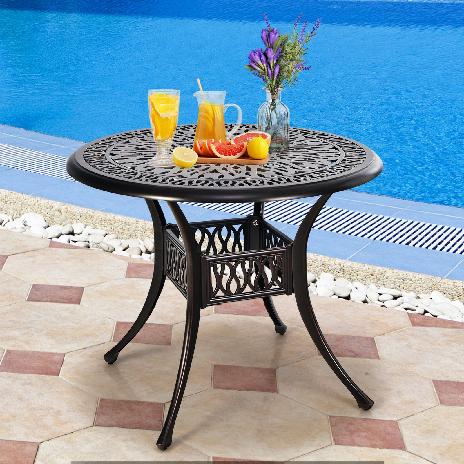 36" Outdoor Round Dining Table Cast Aluminum Patio Bistro Table w/ Umbrella Pole