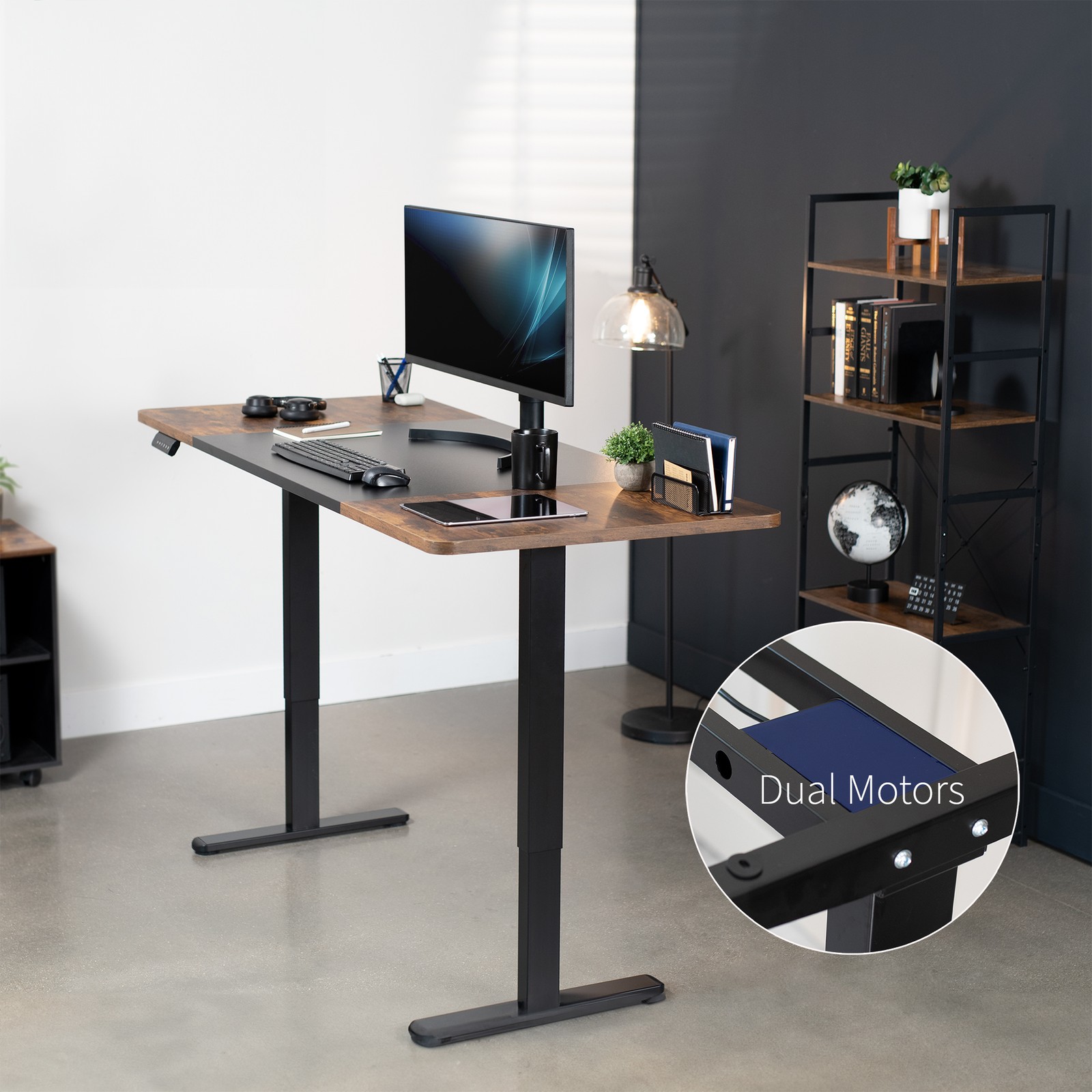 VIVO Electric Dual Motor 71” x 30” Desk, Black & Vintage Brown Top, Black Frame