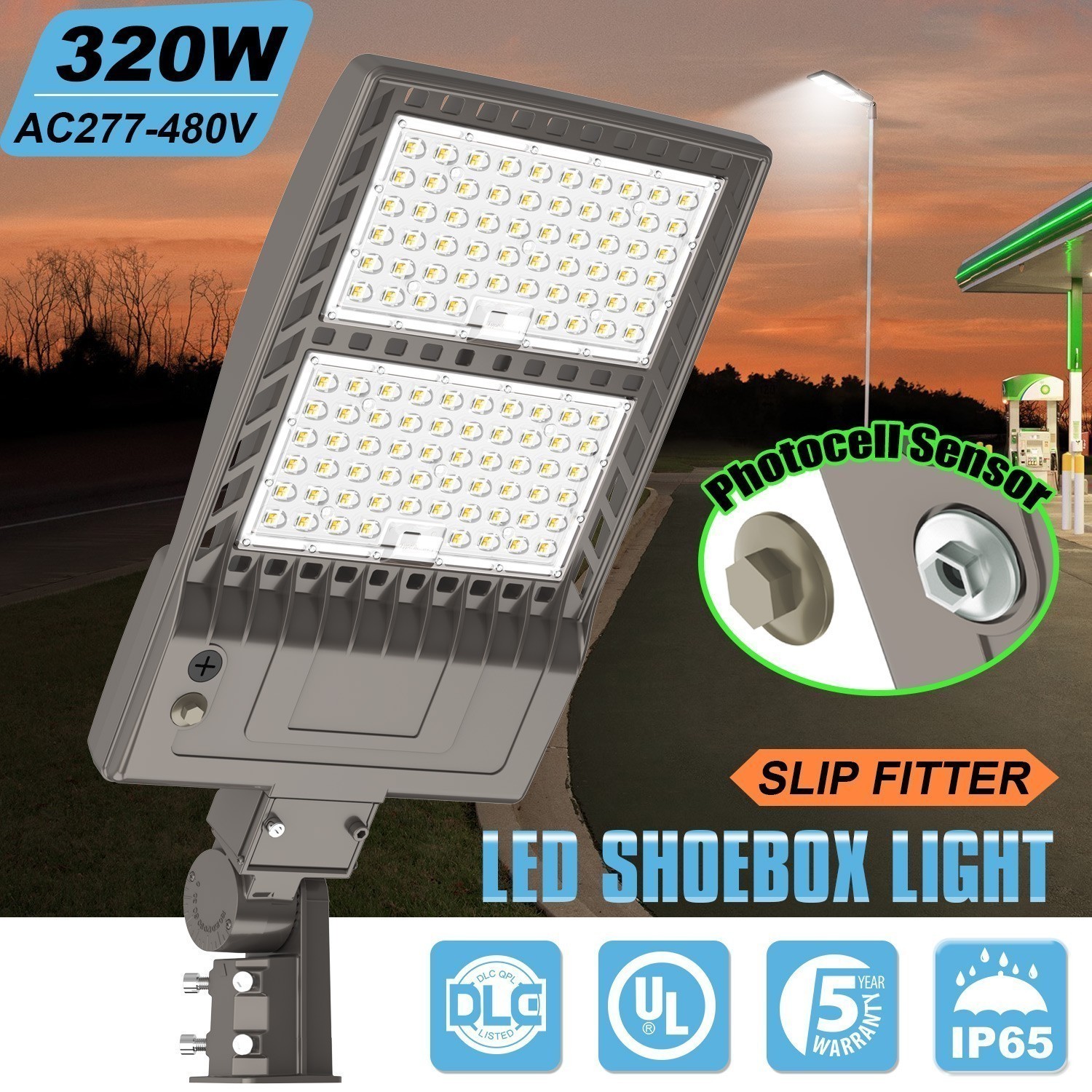 320W LED Shoebox Parking Pole Light,AC277-480V Commercial Fixture with Photocell