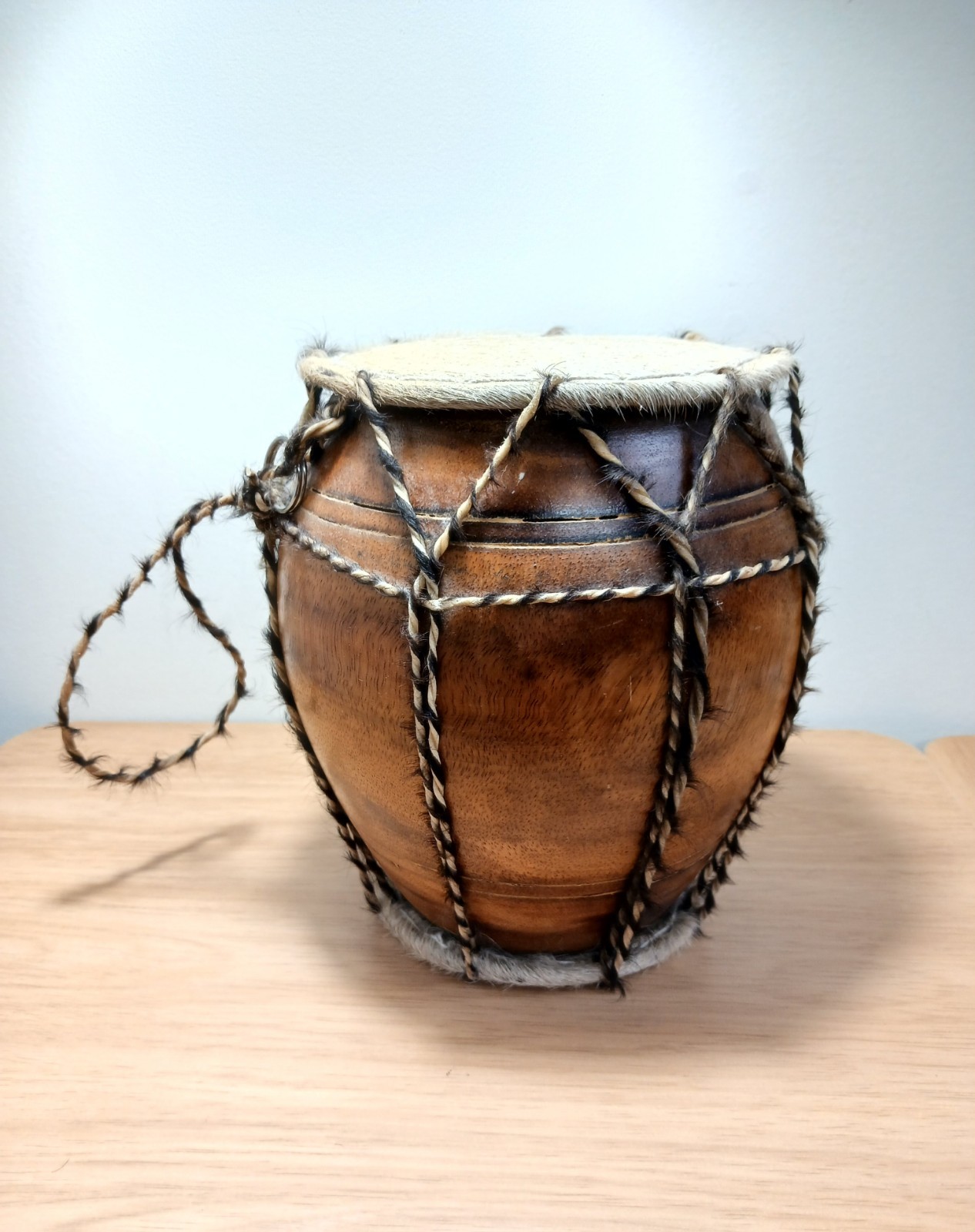 African Drum Bongo Animal Fur Top Percussion Instrument Handmade Wooden Drum
