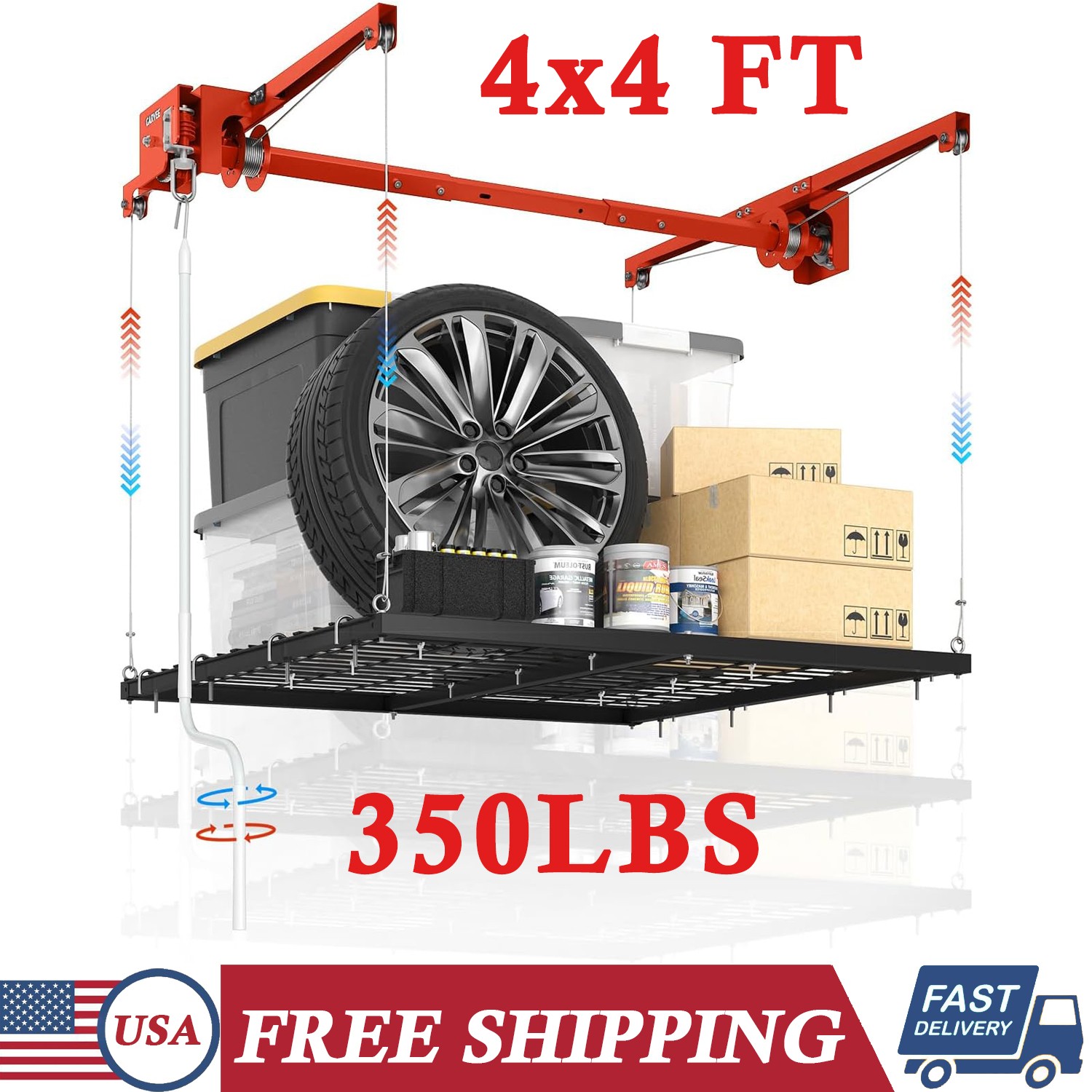 Overhead Garage Storage Rack 4x4ft 350lb HeavyDuty Steel Ceiling Mount Safe Lock