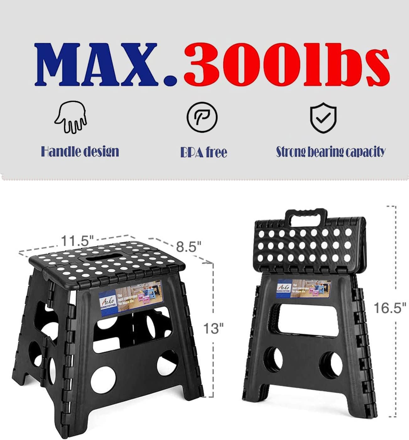 Folding Step Stool 13 Inch, Sturdy Collapsible Step Stool Foldable up to 300 Lbs
