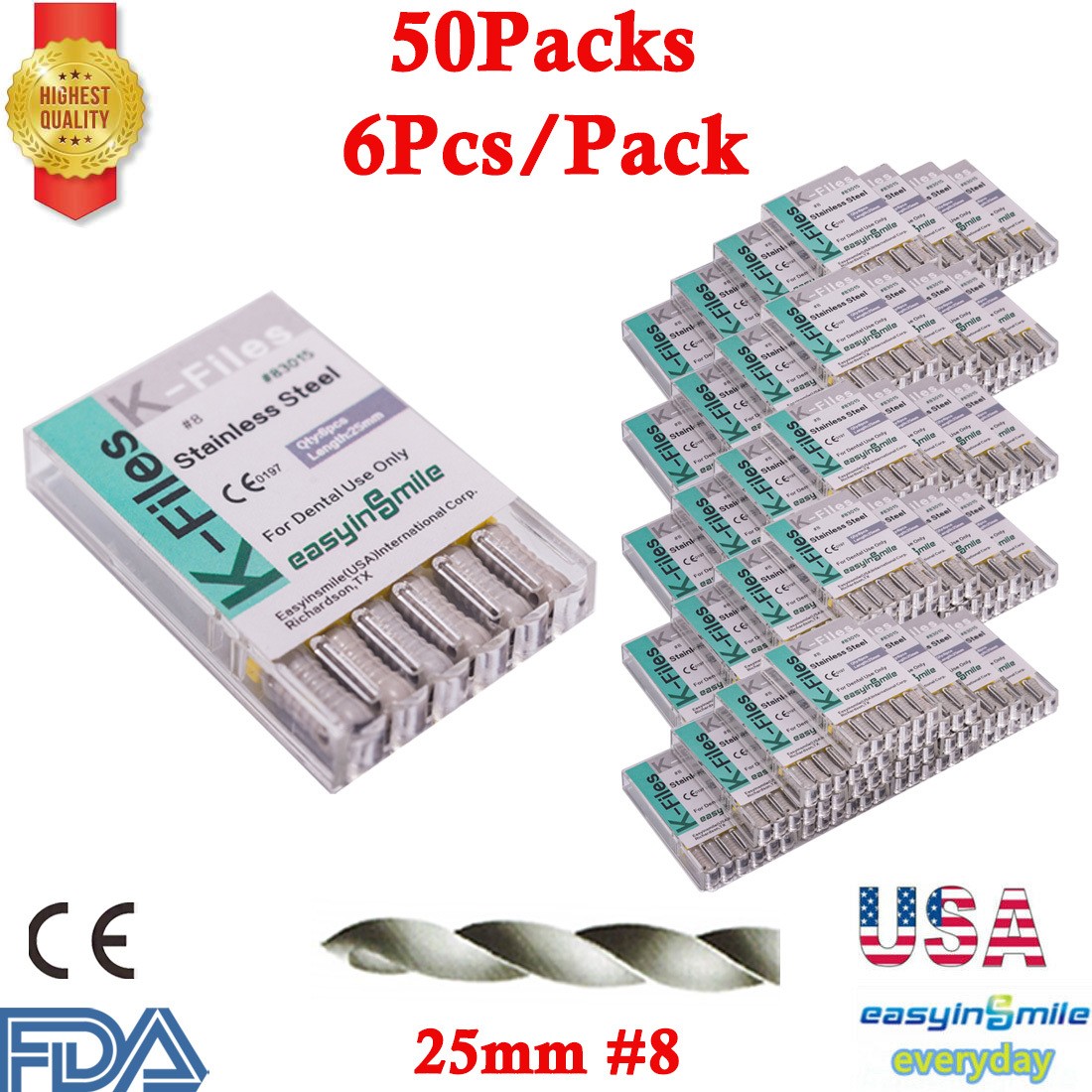 300Pcs Dental K-Files Endo Root Canal K files #8 Hand Use Stainless Steel 25MM