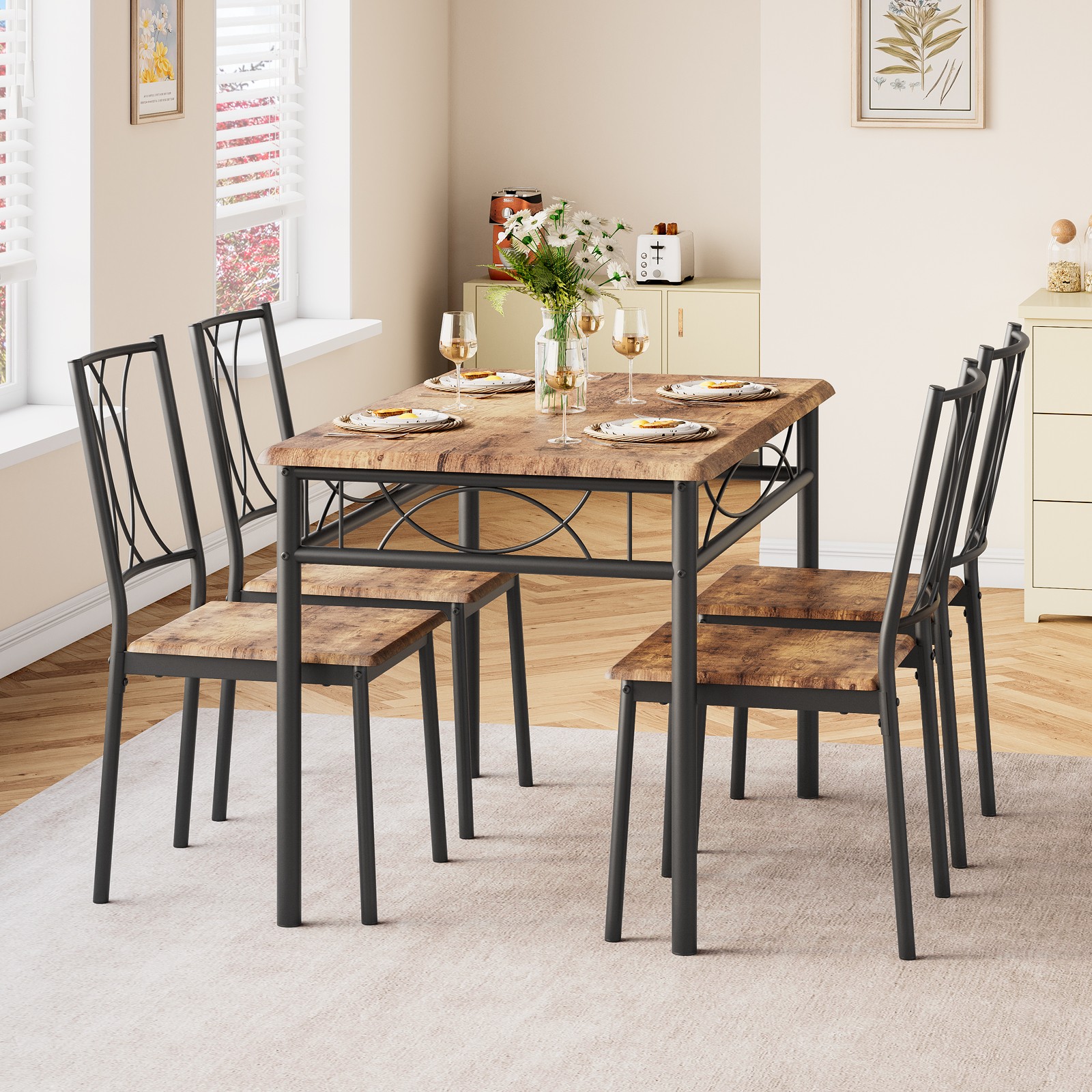 5 Piece Dining Table Set for 4 Rectangular Metal & Wood Table with 4 Chairs