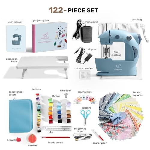 Mini Sewing Machine for Beginners, Dual Speed Small Portable Premium Set Blue