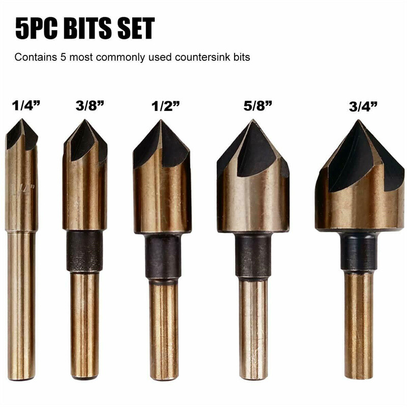5PCS Chamfer Countersink Deburring Drill Bit Set Crosshole Cutting Metal Tool US