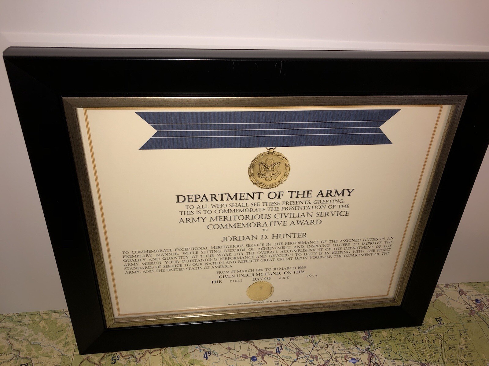 ARMY MERITORIOUS CIVILIAN SERVICE COMMEMORATIVE AWARD CERTIFICATE ~ Type-1