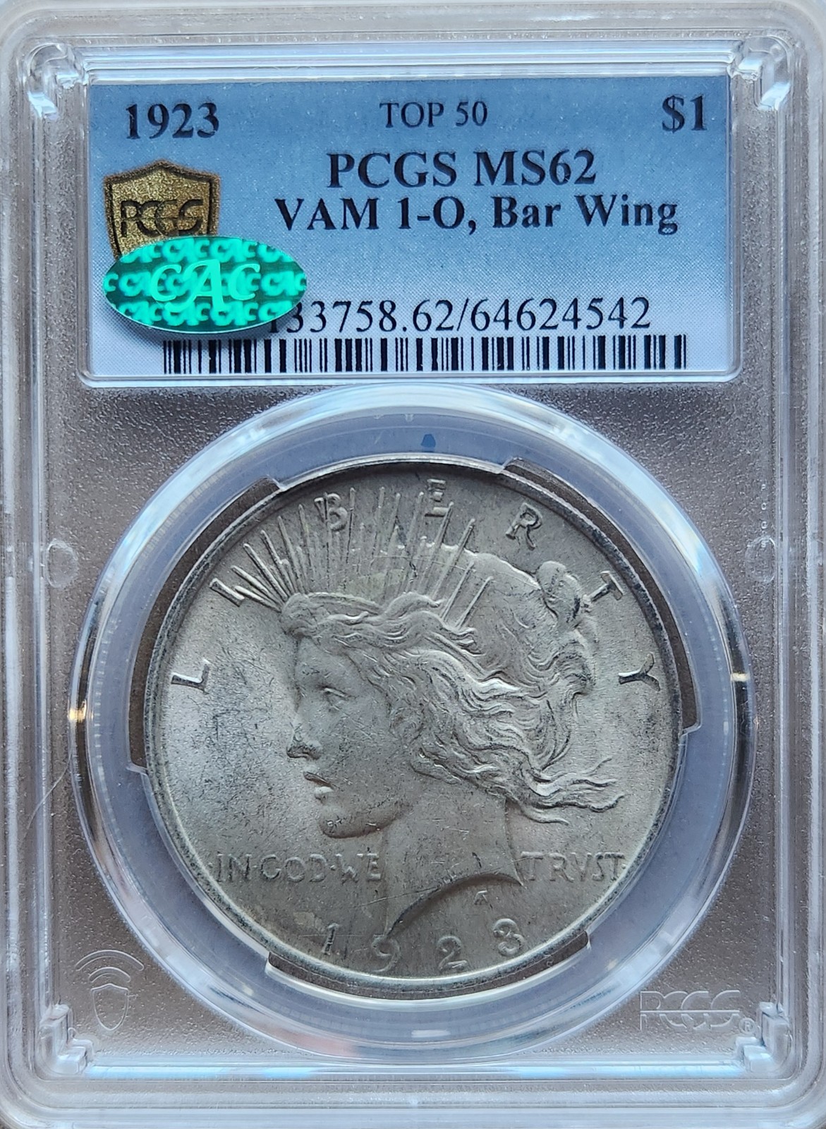 1923 PEACE SILVER DOLLAR PCGS MS62 TOP 50 VAM 1-0, BAR WING CAC GREEN STICKER
